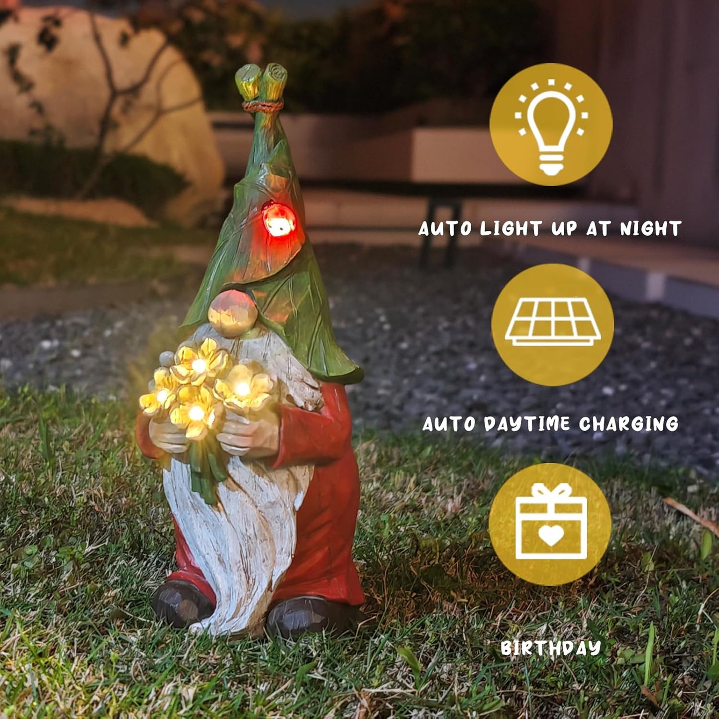COWOS Garden Gnome Statue Outdoor Decor, Solar Garden Gnome Figurine Light, Resin Statues Sculpture for Patio Yard Lawn Outdoor Decorations