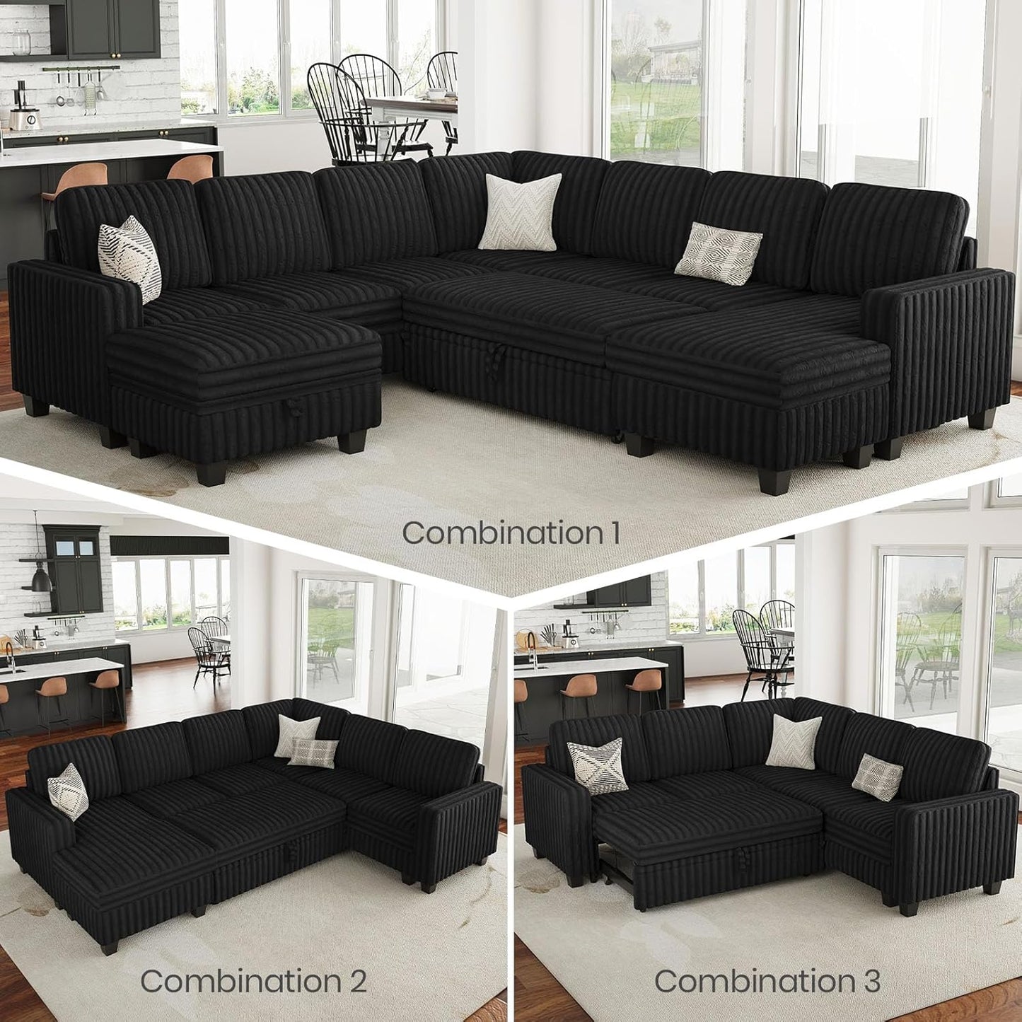 Belffin Modular Sectional Sleeper Sofa with Pull Out Couch Bed Corduroy Double Chaise with Storage Black Couch