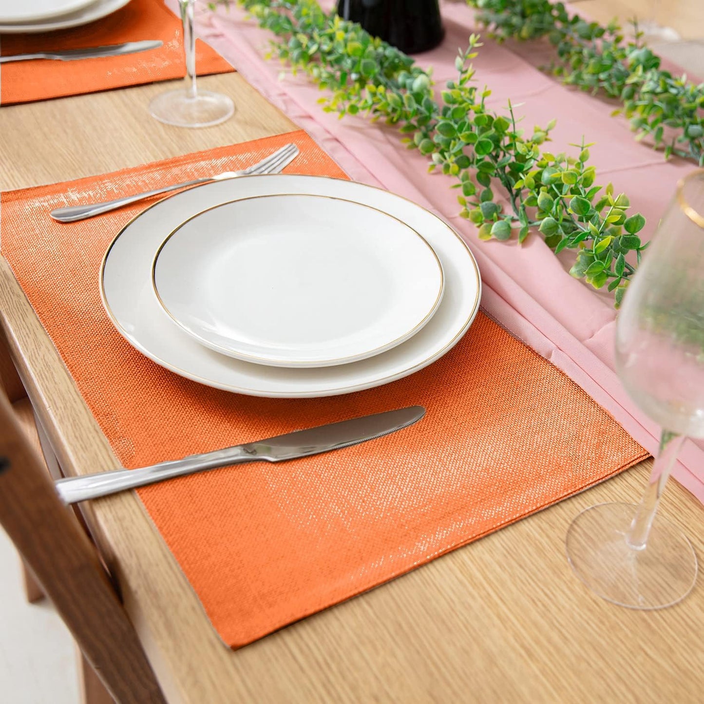 Linen Placemats Set of 8, Machine Washable, Heat Resistant, Wrinkle Free, Thick Polyester Kitchen Place Mats for Dining Table (Orange)