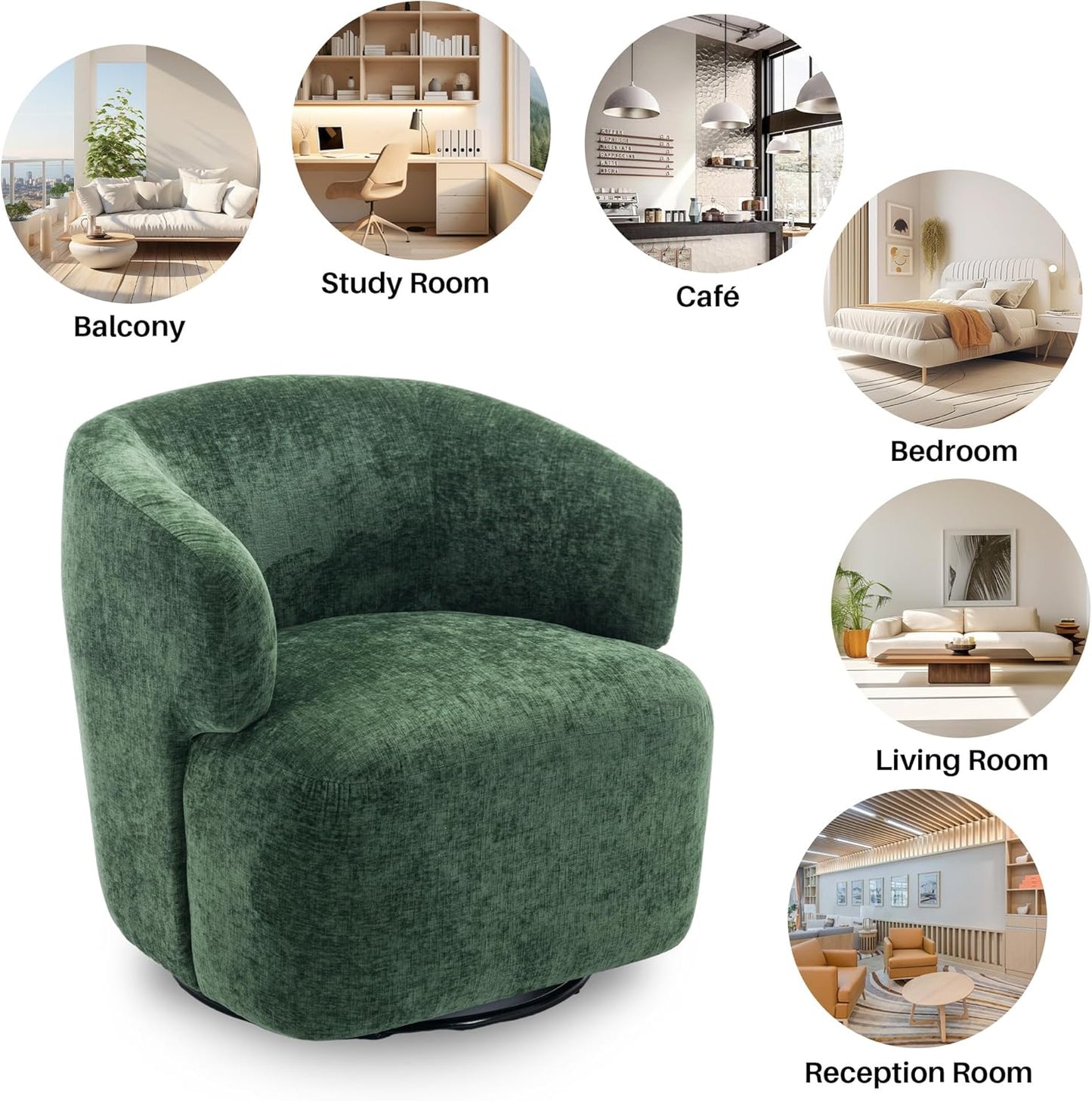Swivel Accent Chair, Chenille Barrel Chair for Living Room, Cozy Round Boucle Arm Chair, Metal Base for Club Nursery Bedroom, Green