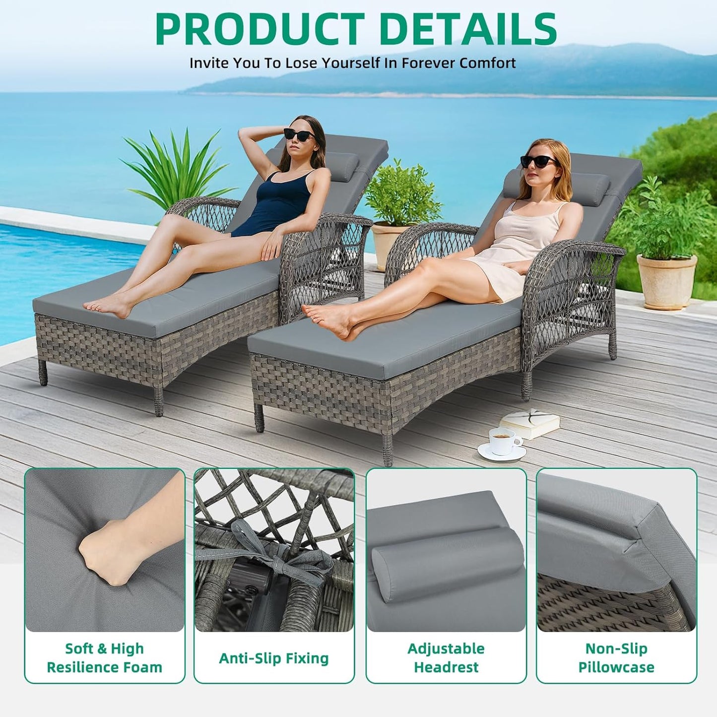 VIVIJASON Outdoor Wicker Chaise Lounge Chair, All-Weather PE Rattan Cushioned Patio Lounger Chair, 6-Position Adjustable Pool Sunbathing Recliner with Armrest & Pillow for Poolside Deck Yard, Gray