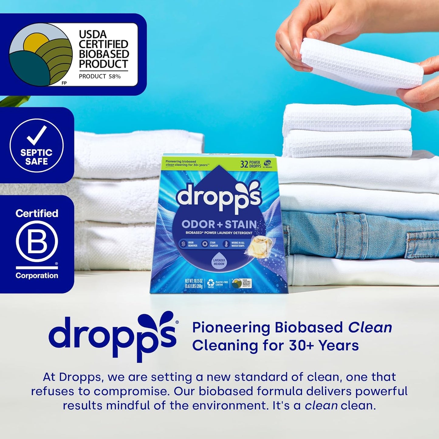 Dropps Odor & Stain Biobased Power Laundry Detergent Pods, Orange Blossom (64 Pods) - HE Compatible Laundry Pods for Fresh Clothes – Laundry Soap Supplies & Recyclable Paperboard Packaging