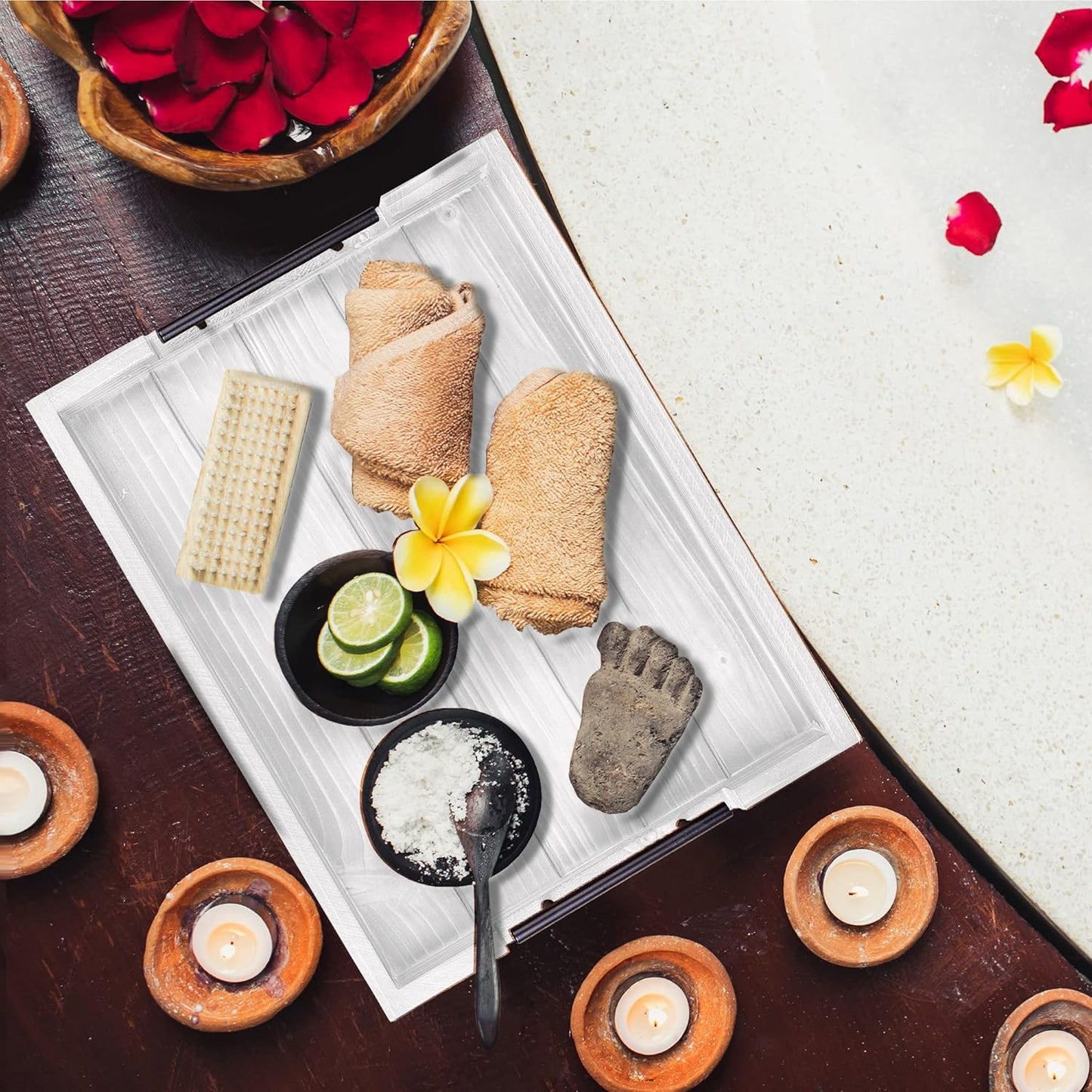 Ottoman Tray | Wooden Serving Tray with Handles & Coasters - 17x13 Inch, Rustic, White, Solid, Rectangular, Vintage, Lightweight