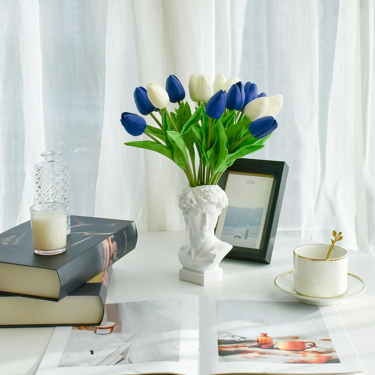 Mandy's Artificial Tulips 20 Stems Blue and White PU Faux Flowers for Wedding Home Decor 13.5 Inch