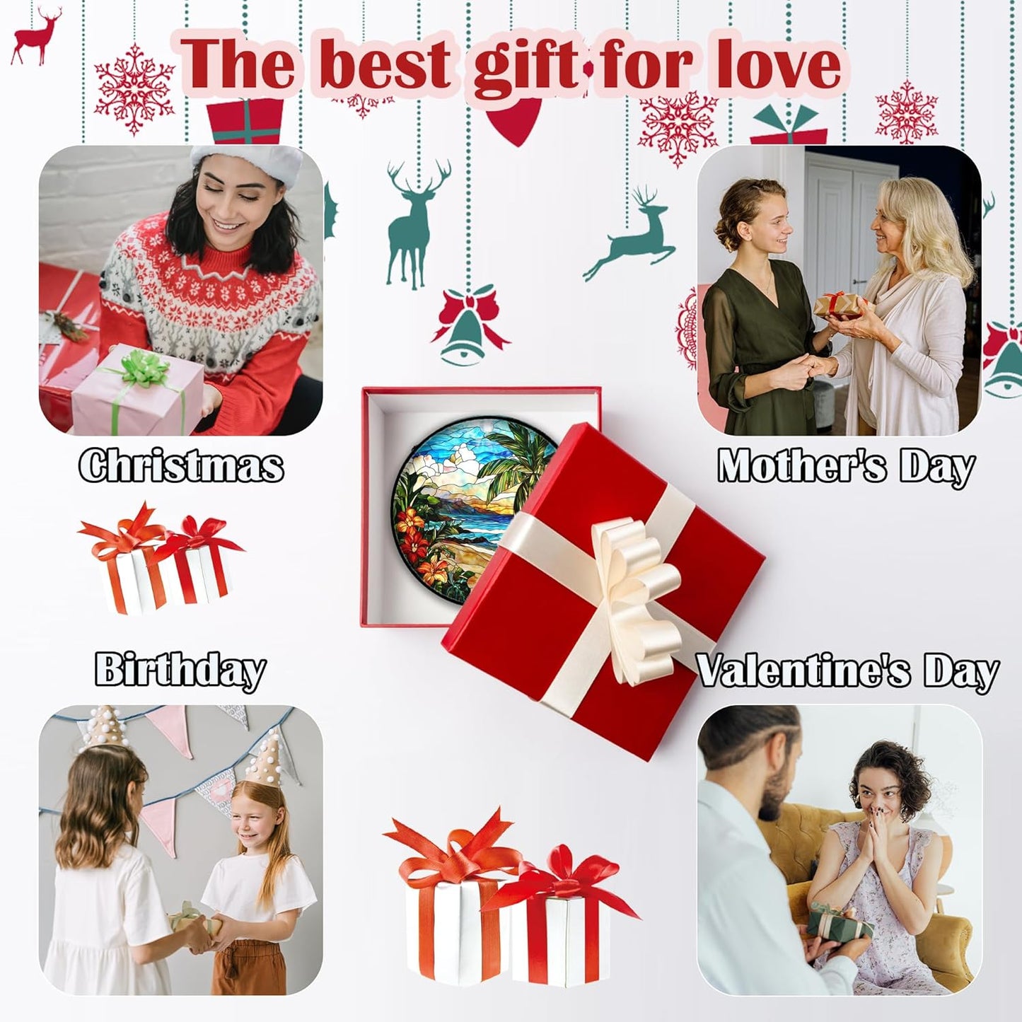 Stained Glass Window Hanging, Blue Beach Scenery Suncatcher Diamond Glass Panel Hangings Sun Catchers Decor for Birthday for Women, Men, Wife, Aunt, and Mom 11.8x11.8 in