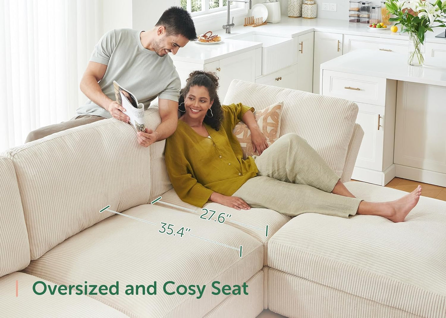 HONBAY Modular Sectional Couches with Storage Corduroy Sleeper Sofa Modular Sectional Couches for Living Room,Beige