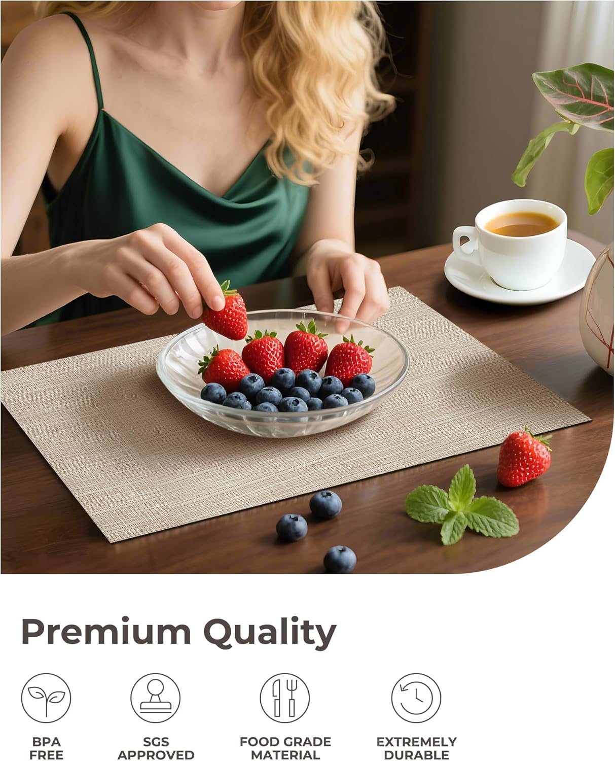 Leetaltree Beige Placemats Set of 6 - Heat Resistant Non-Slip Place mats for Dining Table, Washable Durable PVC Vinyl Woven Table Mats(Beige, 6)