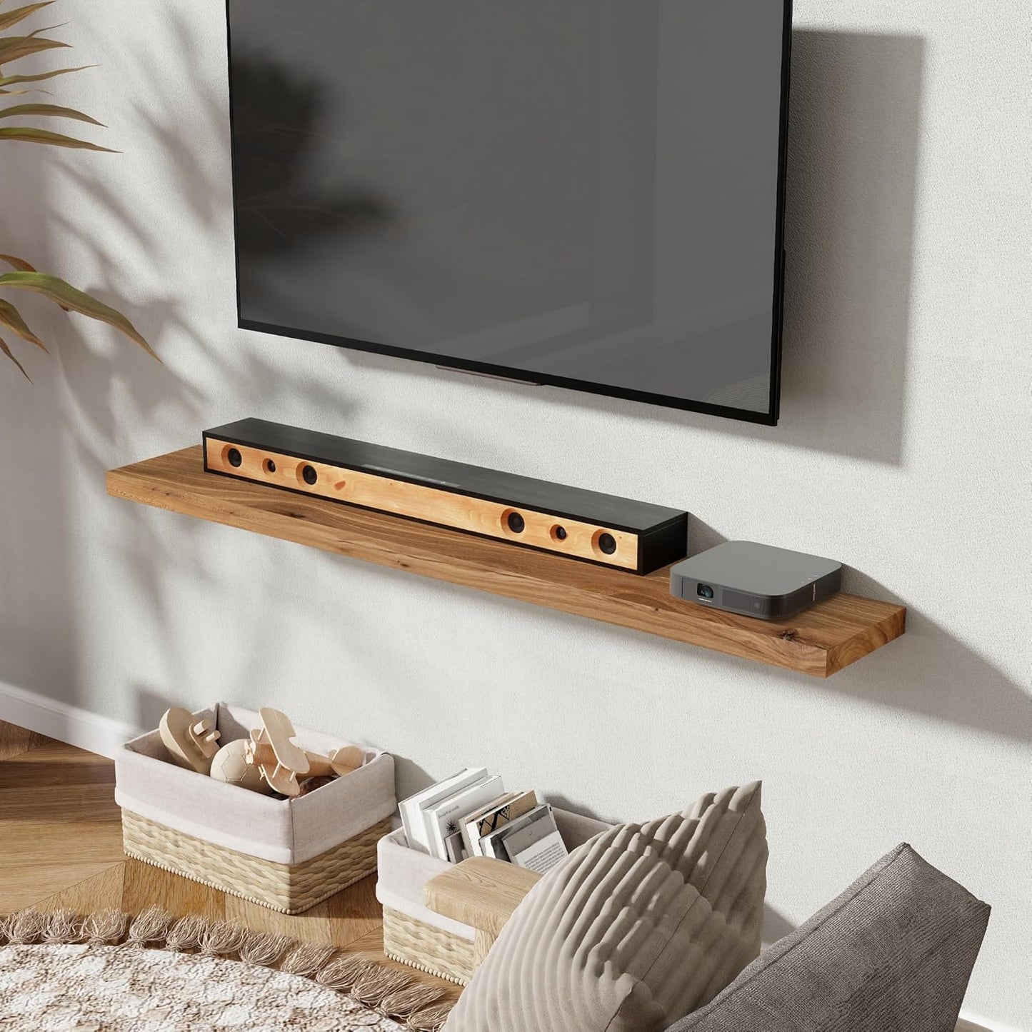 55" Floating Shelves for Wall, Rustic Elm Wood Floating Shelf for Home Decor, Wall-Mounted Display Shelves with Heavy-Duty Bracket, Long Floating Shelf for Bathroom, Kitchen, Natural Color