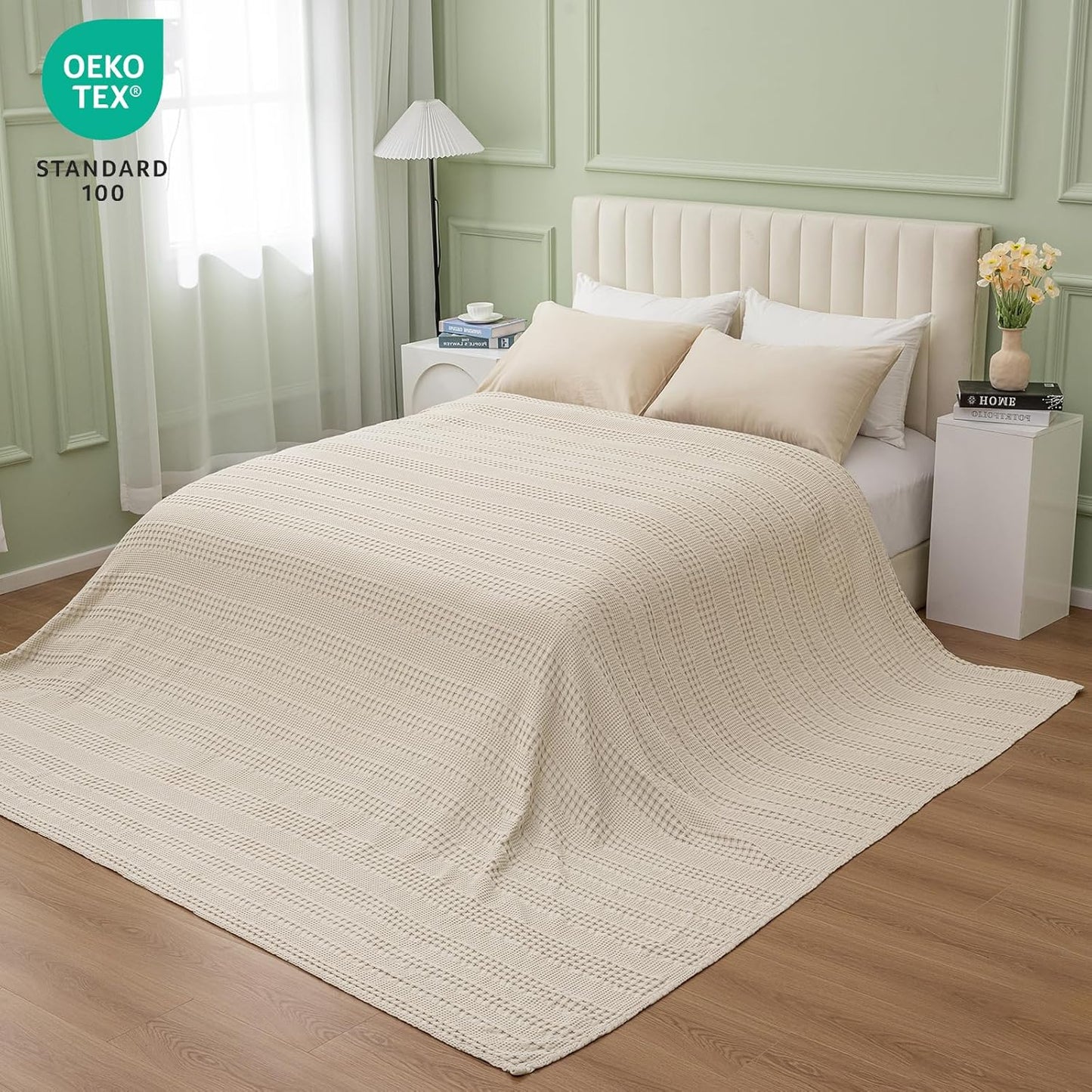 PHF Cooling Waffle Blanket California King Size, Lightweight 60% Rayon Derived from Bamboo & 40% Cotton Breathable Blanket for Hot Sleepers, Soft and Luxury for Bed Couch and Sofa, 110"x96", Linen