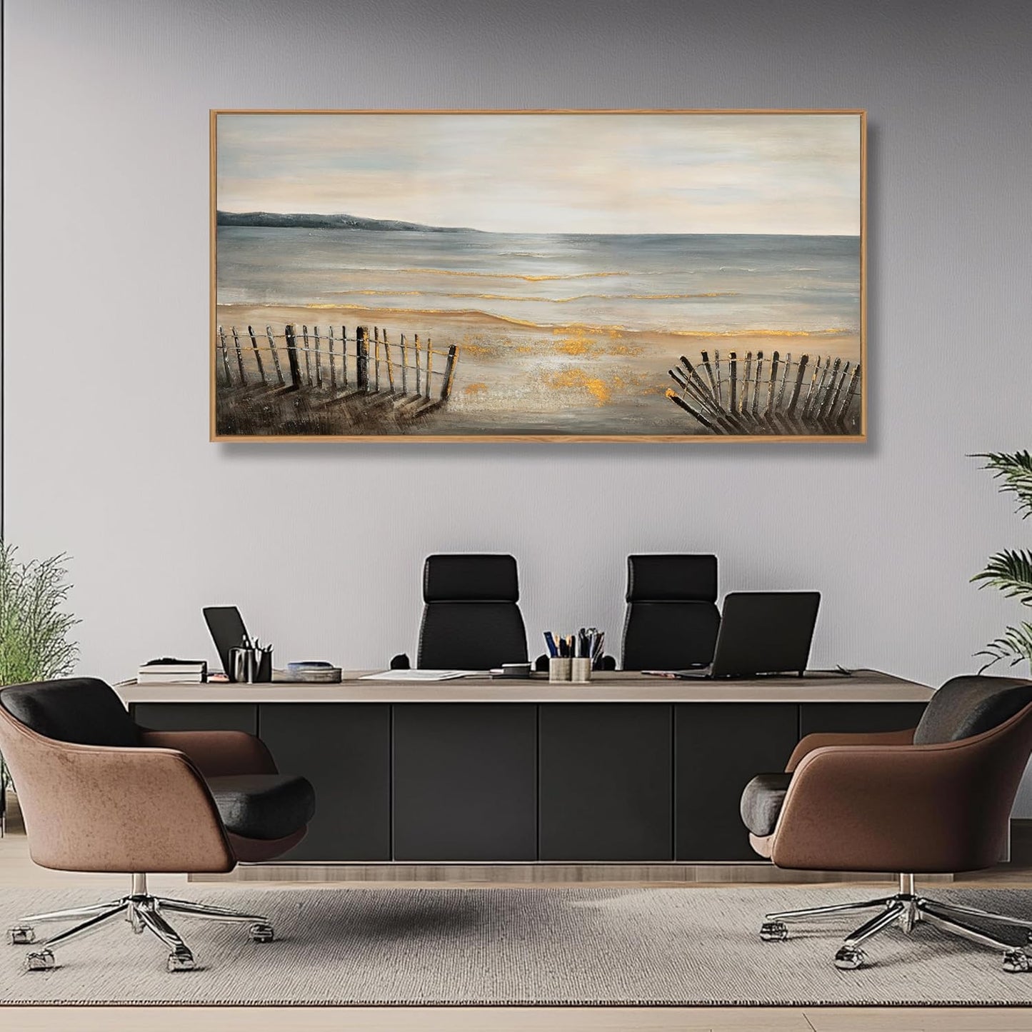 Yuaxker Large Ocean Wall Art Grey and Gold Wall Decor Framed Wall Hanging Wave Aesthetic Artwork for Living Room Bedroom Dining Room Office Home Decor 30x60 Inch