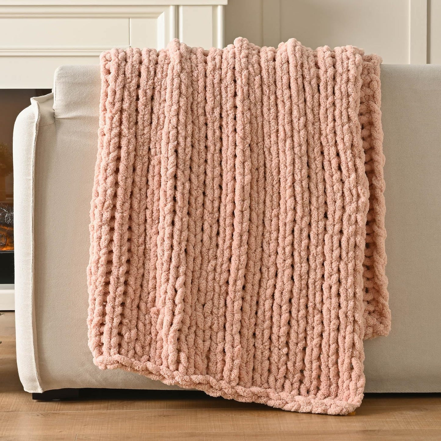 Esterra Chunky Knit Blanket Throw 60"x80", 100% Hand Knitted Chenille Throw Blanket, Cozy Soft Thick Cable Knit Throw Large Rope Knot Crochet Throw Blanket for Sofa Couch Bed, Dusty Pink