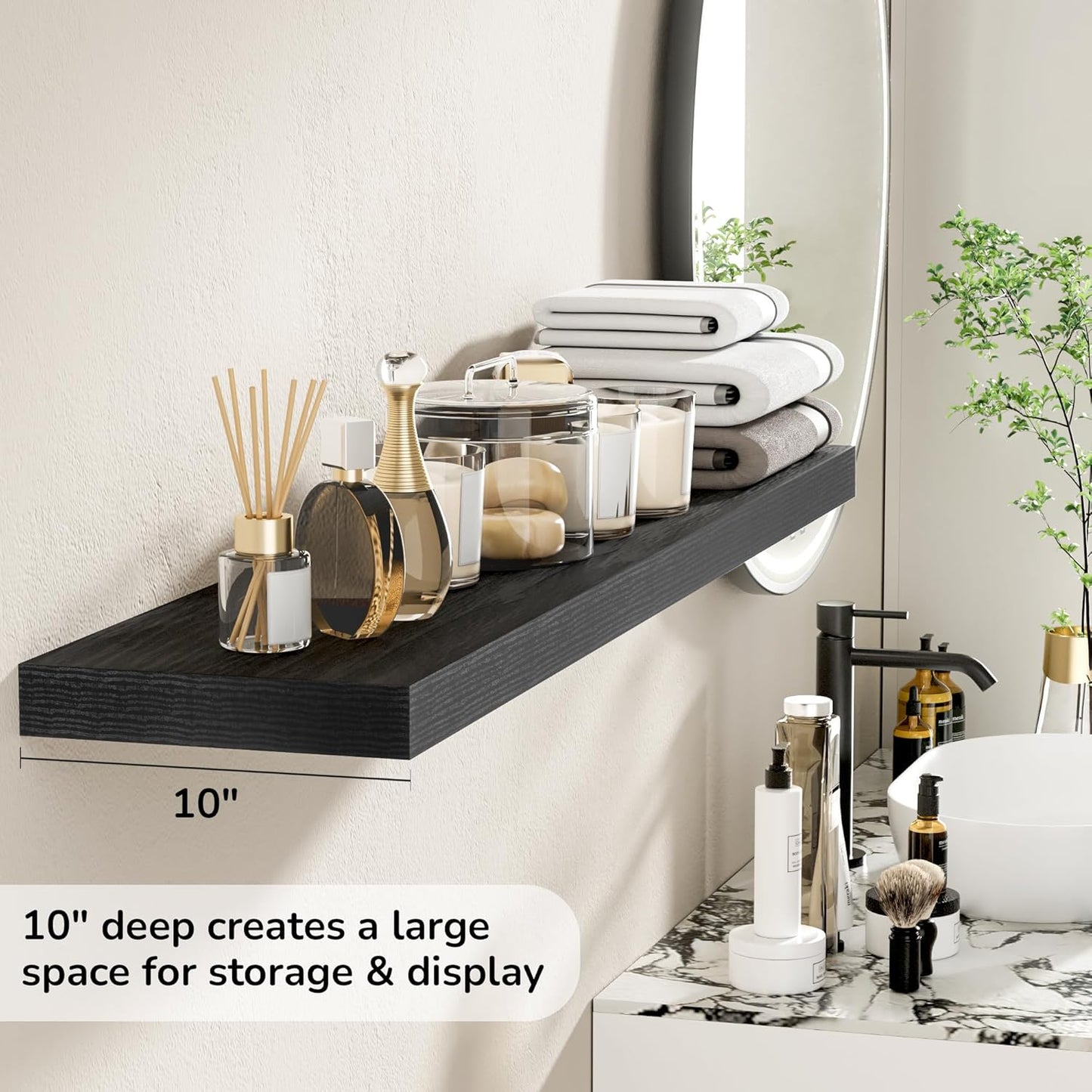 Floating Shelves - 10.3 Inch Deep Wall Shelf for Decor & Storage - Wall Mounted Display Shelving with Invisible Heavy-Duty Metal Bracket - 48" W x 10.3" D x 1.8" H - Set of 1 - Rustic Black