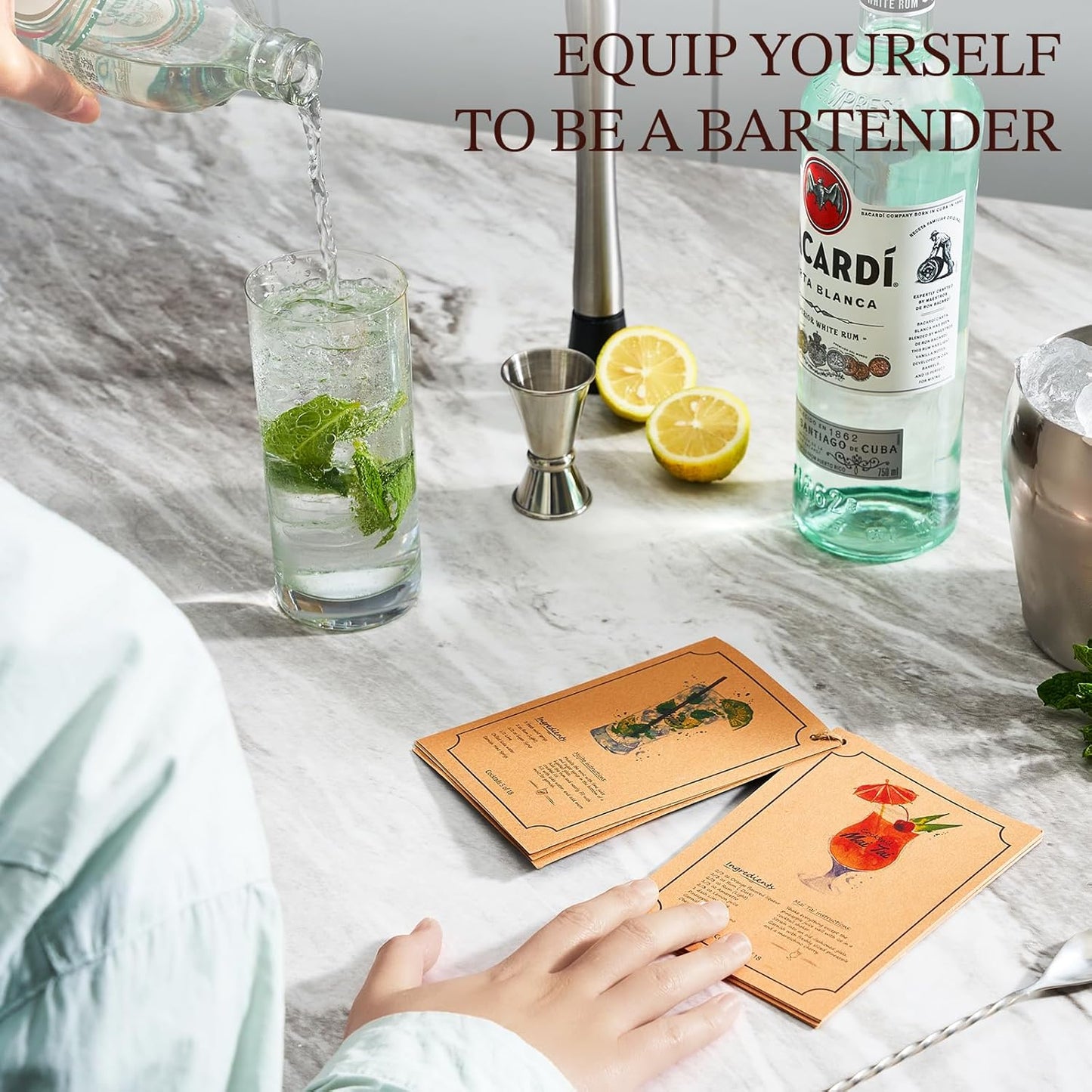 KITESSENSU Cocktail Shaker Set Bartender Kit, 6-Piece Silver Bar Set with Stand, Bar kit with Essential Bar Accessory Tools: Martini Shaker, Jigger, Strainer, Bar Spoon, Tongs, Opener