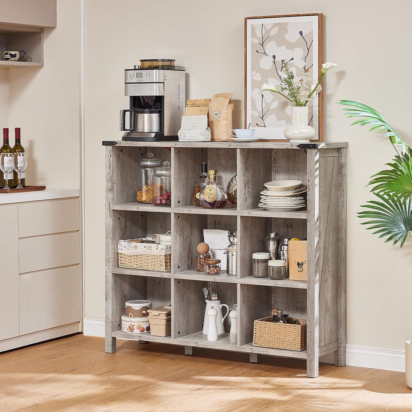 9 Cube Bookcase, Farmhouse 47 Inch Wide Grey Oak Bookshelf, Wooden 3 Tier Display Large Open Book Shelf, Vintage Horizontal Book Case for Home Office, Cubby Storage Cabinet for Living Room