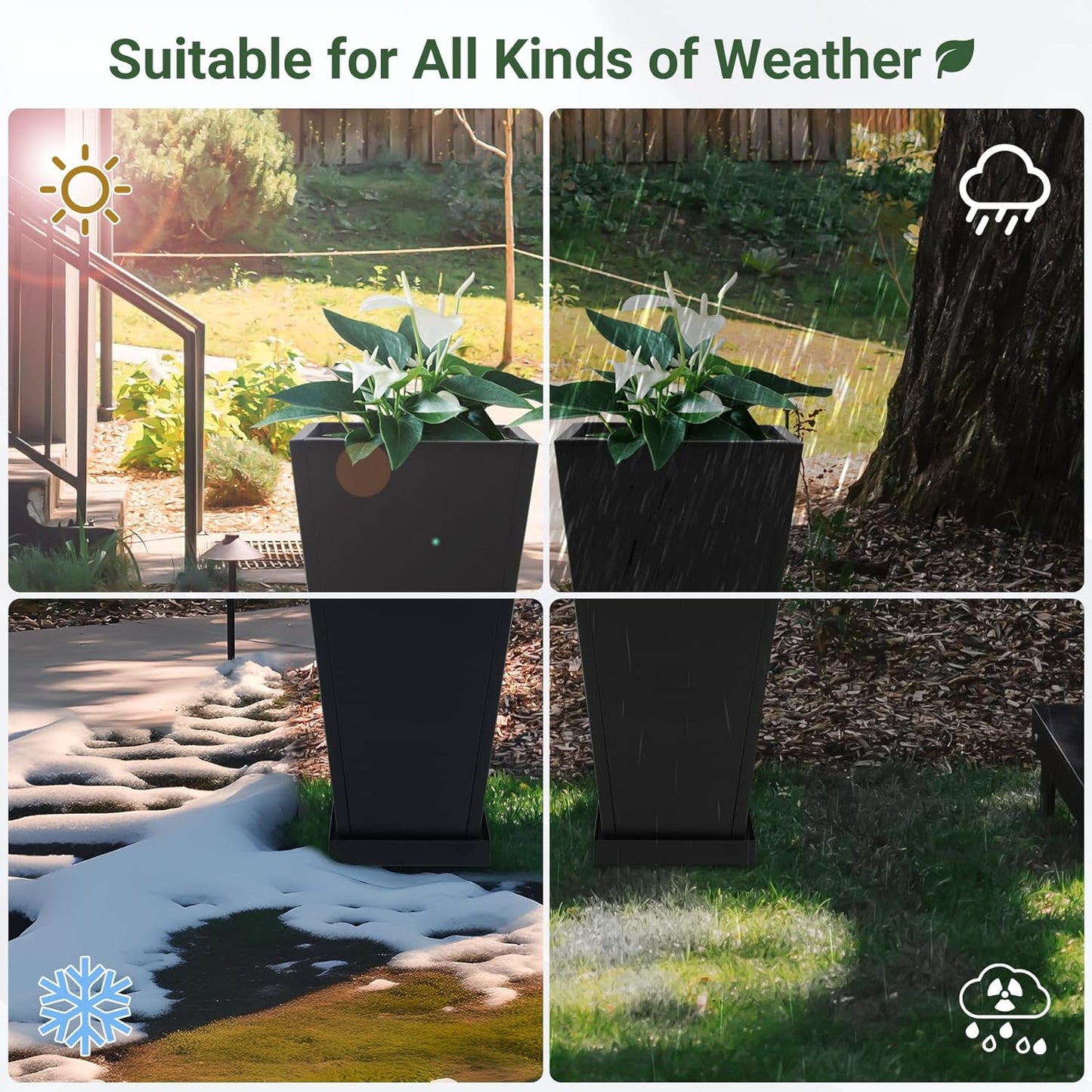 Tall Metal Planter 26" H - 2 Pack, Tall Planters with Removable Insert Shelve & Saucer Trays, Metal Outdoor Planters for Porch, Garden, Patio, Yard(Black)