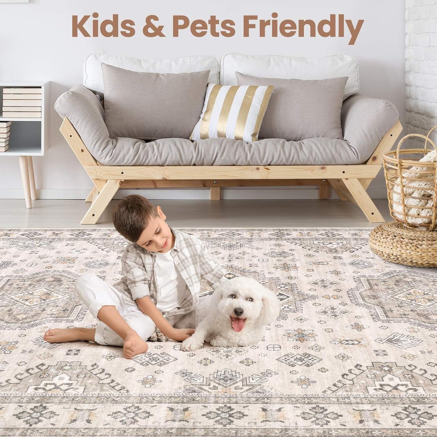 Washable Area Rugs for Living Room -10x12 Neutral Vintage Distressed Floral Farmhouse Boho Large Soft Floor Rug Indoor Non Slip Carpet for Living Room Bedroom Dining Room Office-Beige Brown