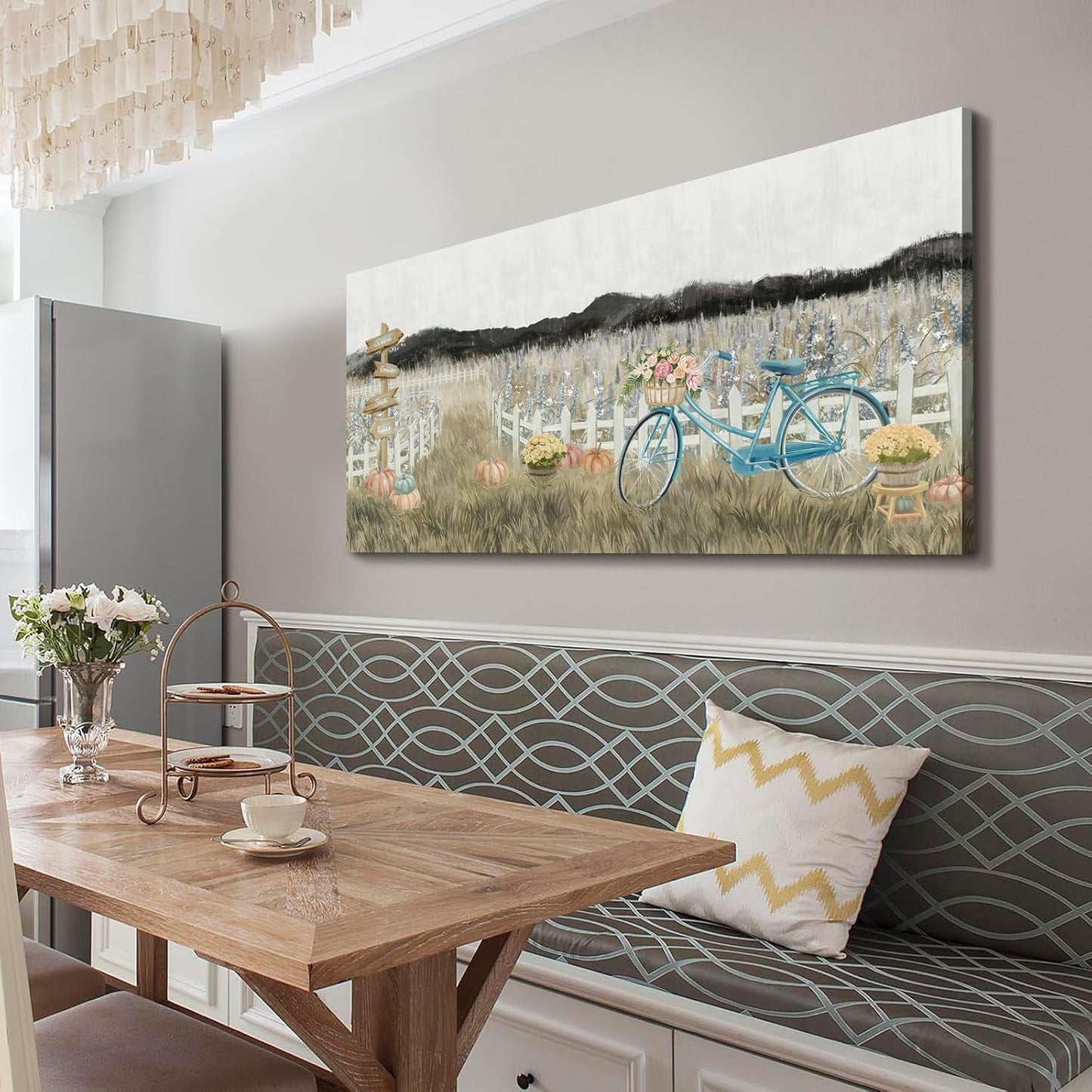 Large Wall Art for Living Room Farmhouse Wall Decor, Modern Boho Vintage Organnic Country Rustic Cottagecore Neutral Landscape Artwork with Mountains Bicycle Flower, Floral Picture Bedroom Kitchen