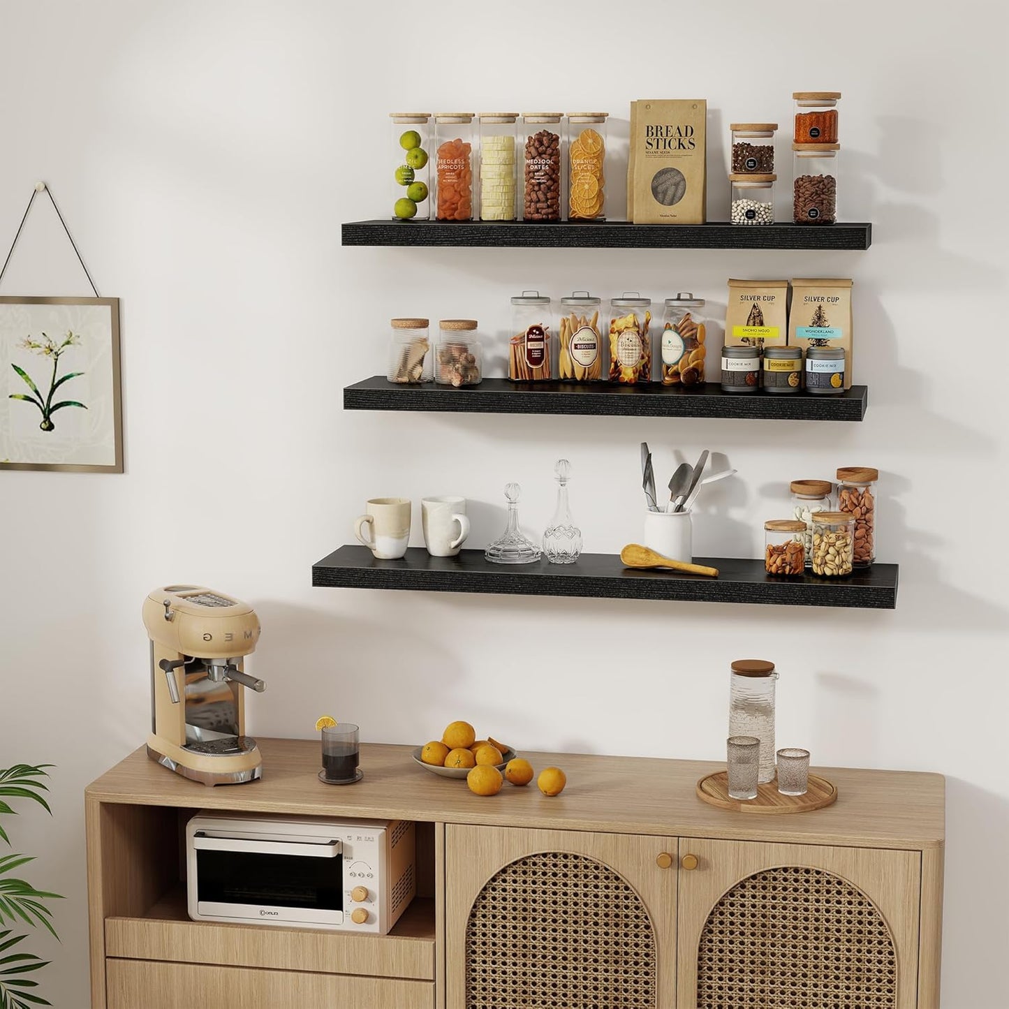 Black Floating Shelves Wall Shelf 40 Inch, 8 Inch Deep Floating Shelf for Wall, Farmhouse Black Wood Shelves Invisible Bracket for Living Room, Bedroom, Kitchen, 40 x 8 x 1.4 Inch, Set of 2