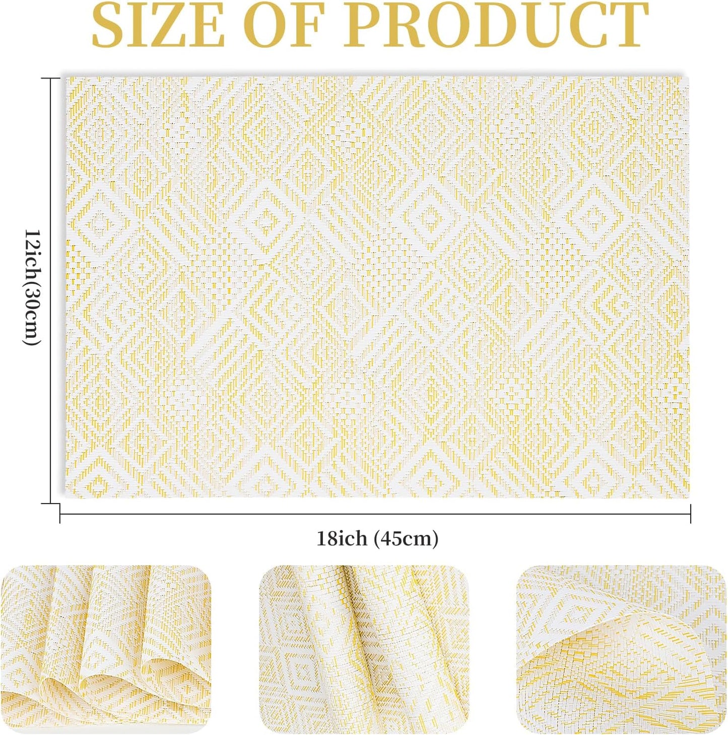 Vinyl Plastic Placemats Set of 6 Washable Heat Resistant Non-Slip Elegant Indoor Outdoor Kitchen Dining PVC Woven Table Place Mats (Yellow Squares)