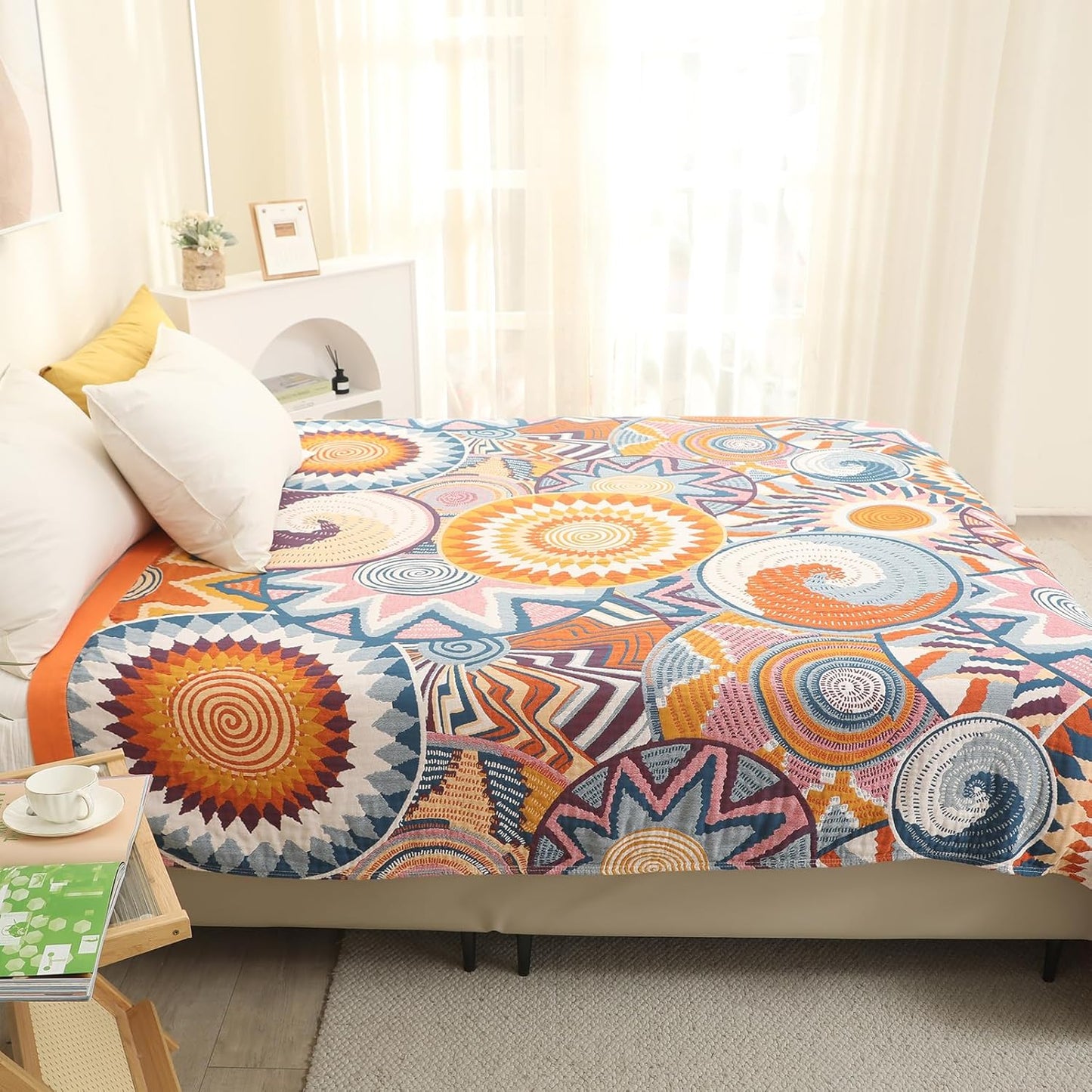 Snycler Boho Throw Blanket for Bed - 100% Cotton Ultra Soft Rustic Quilt Fall Blanket - Orange Floral Printed Farmhouse Decor Bed Blankets, 80"×90" All Season Rustic Throw for Sofa Couch Chair