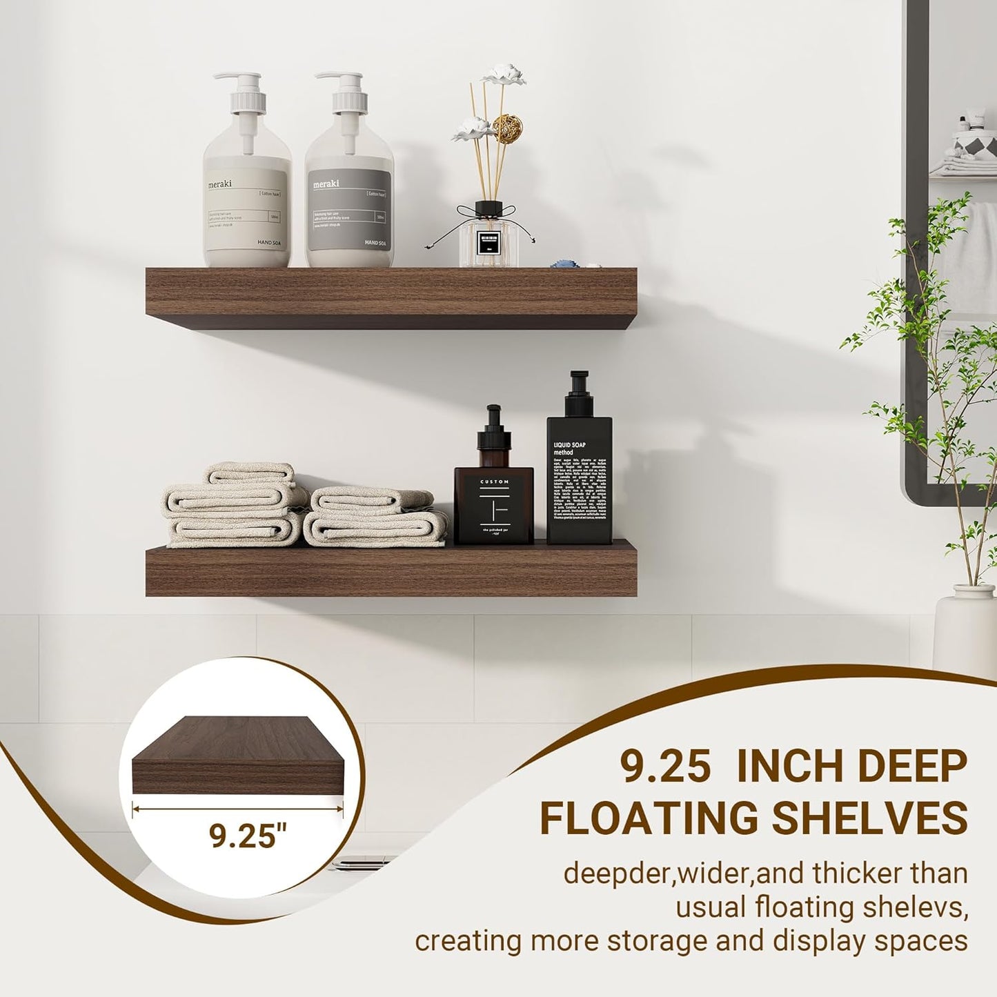 16 Inch Floating Shelves, 16"x9.25"x1.5" Inch Deep Floating Shelves for Wall, Wooden Shelves for Bathroom, Bedroom, Living Room, Walnut