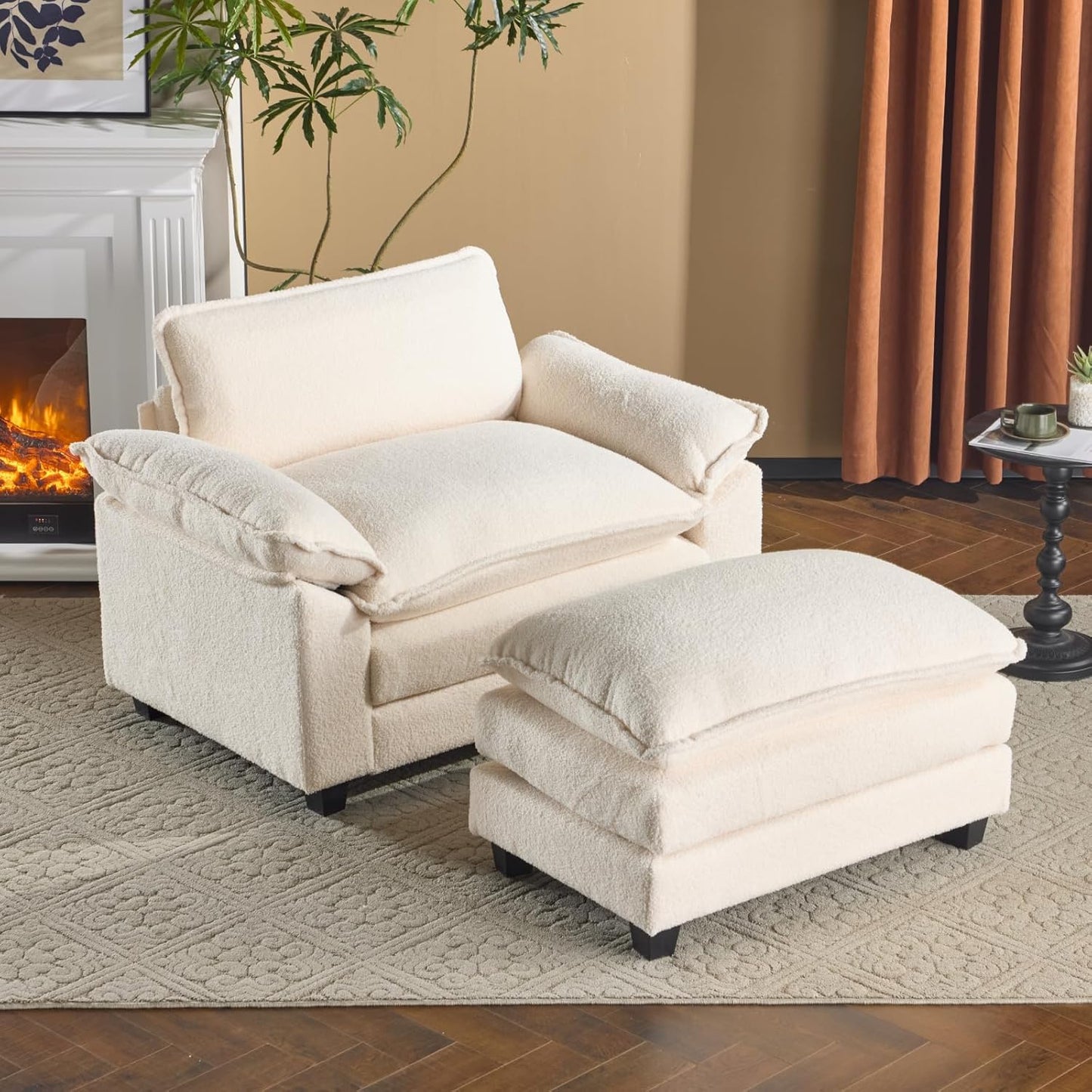 Karl home Oversized Accent Chair Teddy Fleece Sofa with Chaise, Modern Sofa Chair with Removable Ottoman Modular 1-Seater Couch and 2-Layer Ottoman for Living Room, Apartment, Studio, Beige