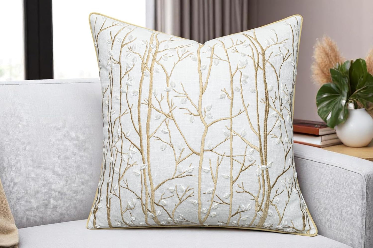 VAGMINE Embroidered Forest Throw Pillow Cover - 20x20 Inches Square - 100% Cotton Ivory Decorative Cushion Cover - Elegant Embroidery - Rustic Home Accent for Sofa, Bed, Couch, Farmhouse Décor