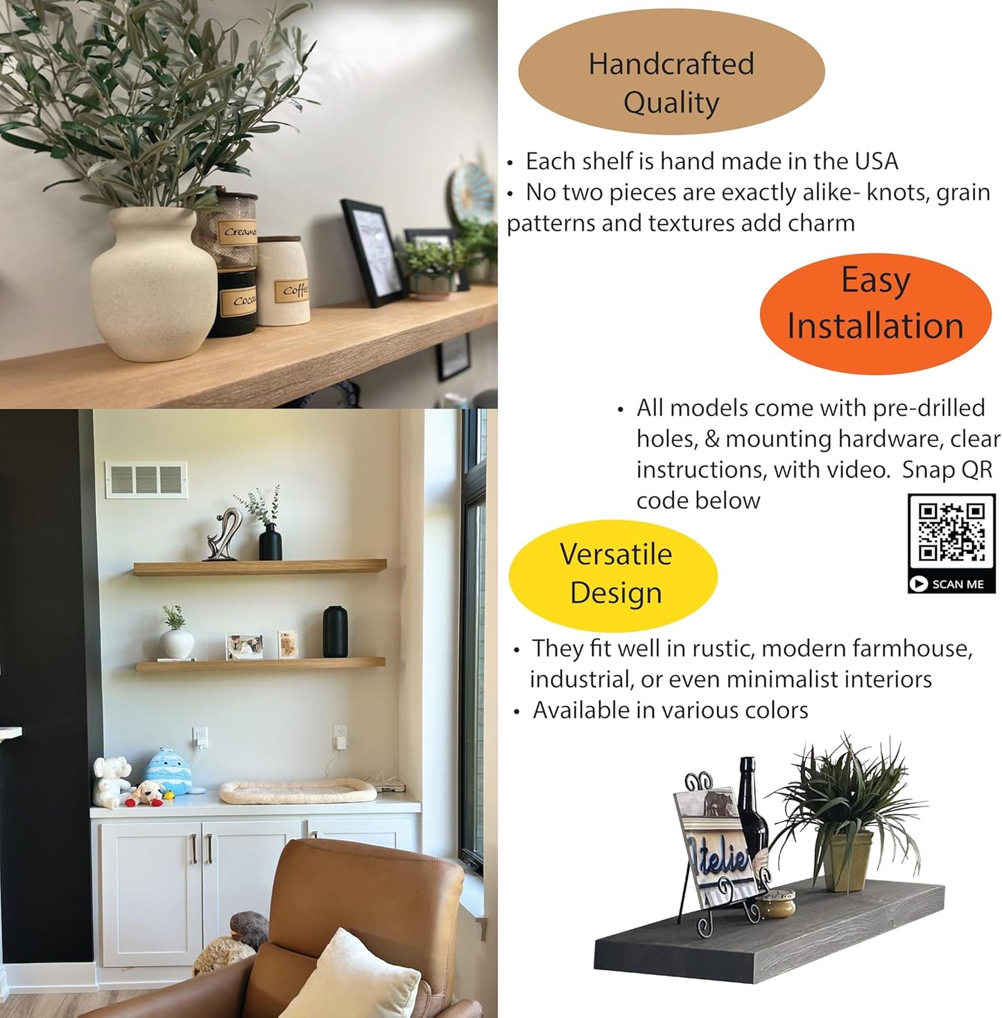 joelsantiques Floating Shelf, Wood Wall Shelf, Natural Wooden Home Decor for Bathroom Kitchen Bedroom, Hanging Mounted Invisible Bracket (Medium Brown, 7" Deep x 72" Wide)