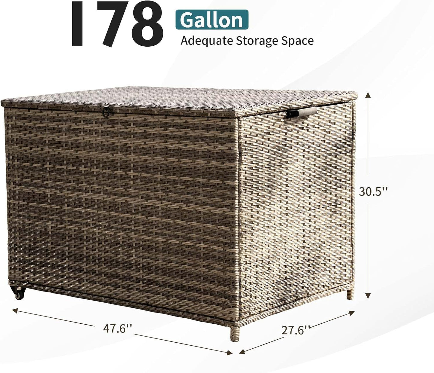 178 Gallon Outdoor Storage Box, Patio Deck Box with 2 Wheels, Handle Large Portable Wicker Rattan Deck Box for Patio Furniture Cushions, Throw Pillows, Garden Tools and Pool Floats (Gray)