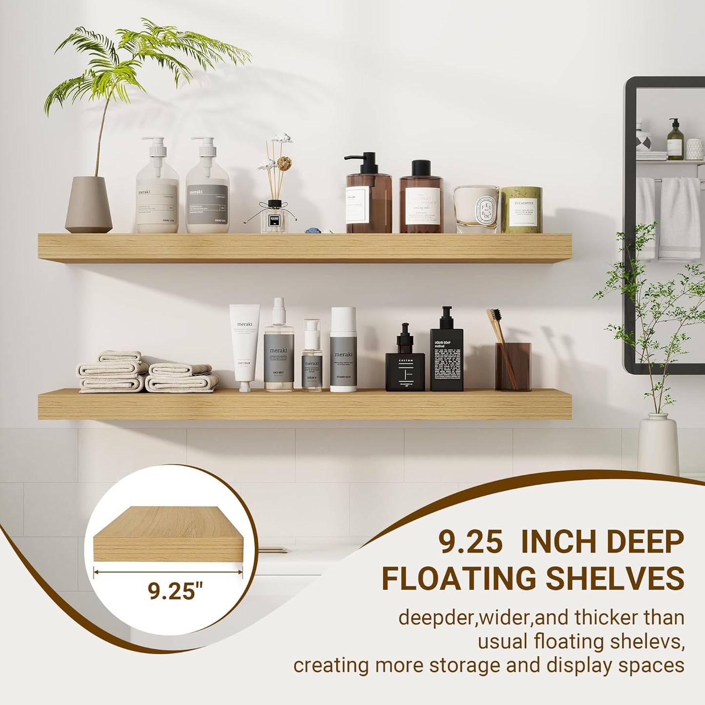 36 Inch Floating Shelves, 3D Textured Wood Grain, 36"x9.25"x1.5" Inch Deep Floating Shelves for Wall, Wooden Shelves for Bathroom, Bedroom, Living Room, Natural