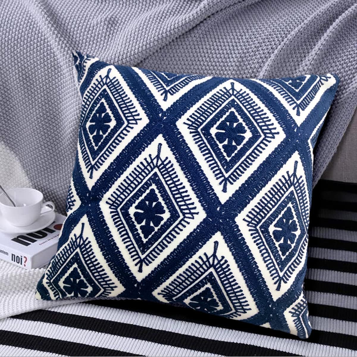Alysheer Embroidered Decorative Throw Pillow Covers 18x18 inches Set of 2 Pieces, Boho Geometric Modern Chic Classic Pattern Cotton Cushion Cases for Sofa Couch Bed Living Room(Navy Blue)