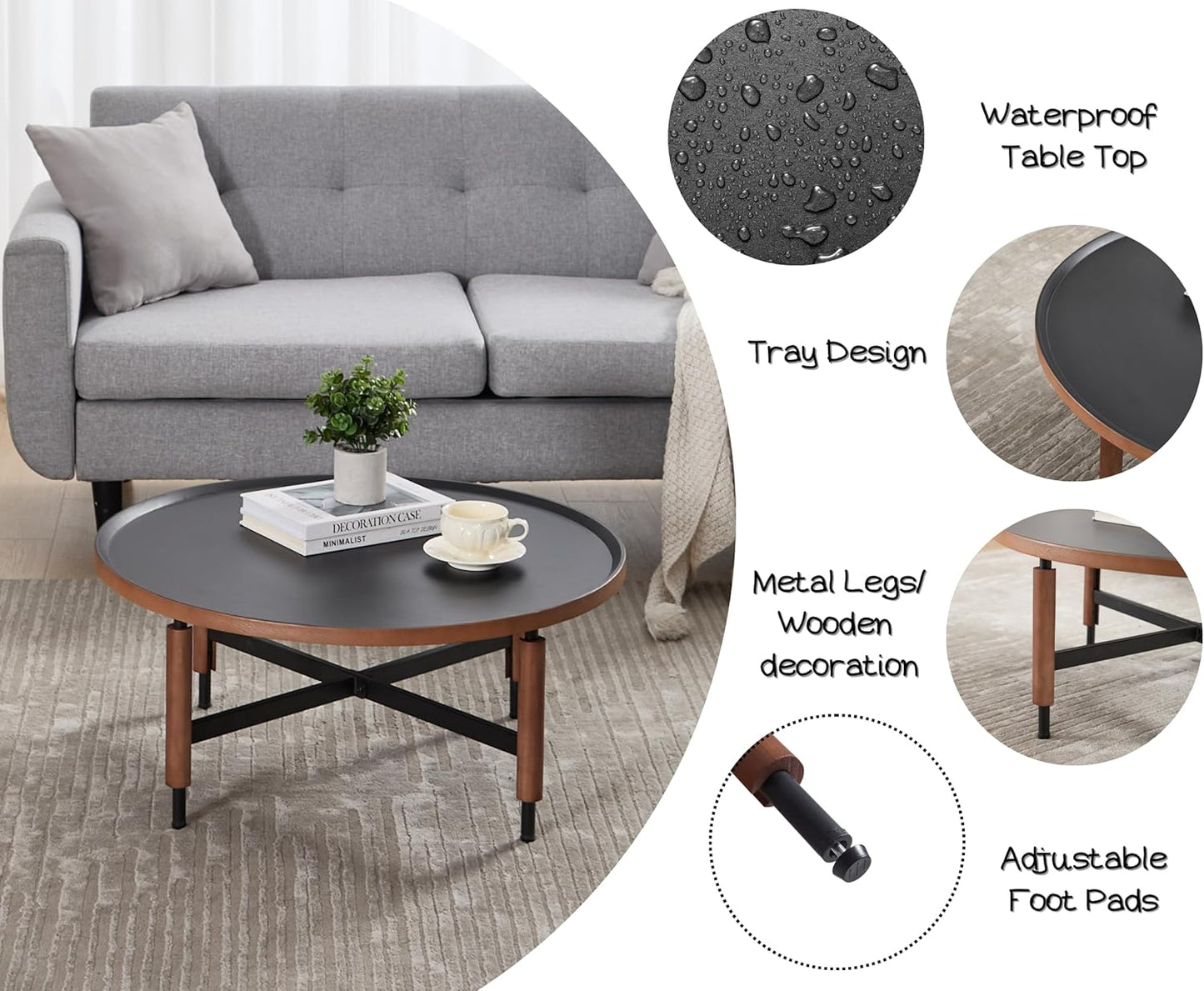 EALSON 31.25" Round Coffee Table Mid Century Modern Coffee Tables with Black Metal Legs/Wooden Top Circle Accent Center Table for Living Room Reception Apartment Office,Walnut