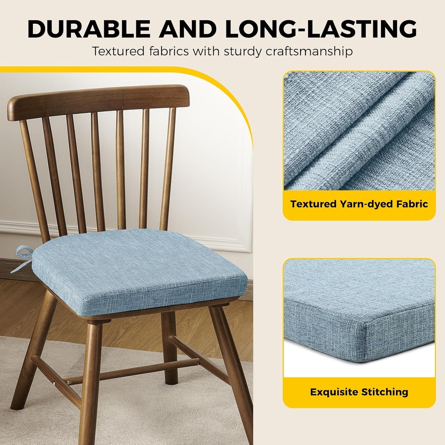 downluxe Indoor Chair Cushions for Dining Chairs, Soft and Comfortable Textured Foam Kitchen Chair Pads with Ties and Non-Slip Backing, 16" x 16" x 2", Light Blue, 2 Pack