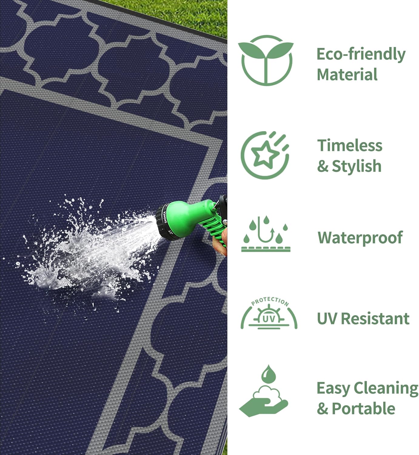 GENIMO 10 ' x 14 ' Outdoor Rug Waterproof for Patio Decor, Foldable Reversible Plastic Straw Area Rugs Mat for Camper, Outside Carpet for Rv, Deck, Porch, Picnic, Beach, Balcony, Blue & Grey