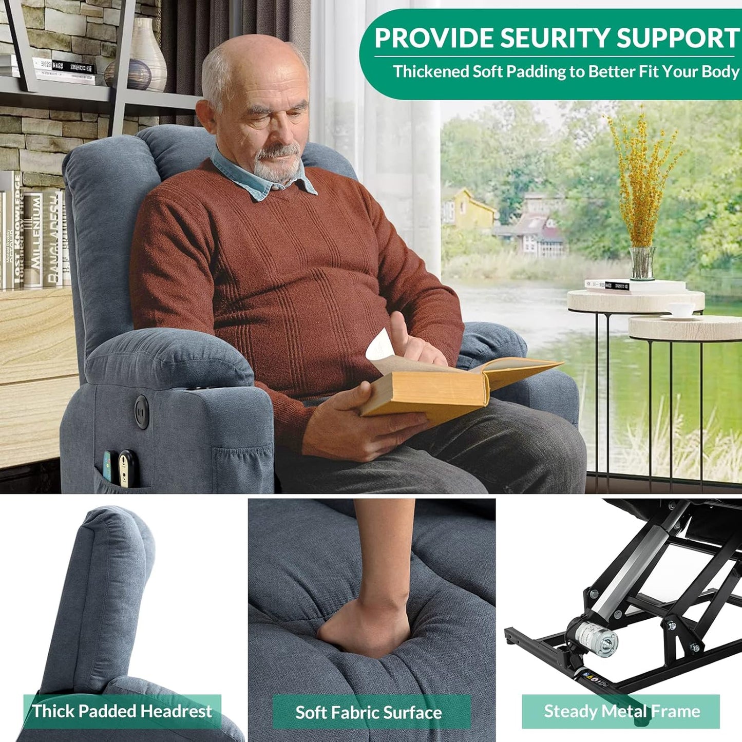 VIVIJASON Power Lift Chair Electric Recliner for Elderly Heated Vibration Massage Soft Fabric Recliner Chair with 2 Remote Controls, USB Ports, Side Pockets & Cup Holders for Living Room (Blue)