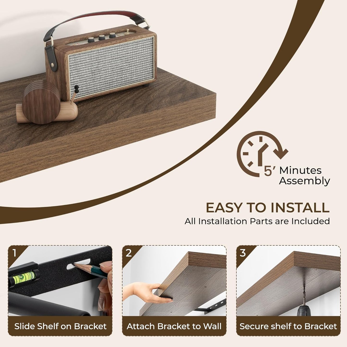 RICHFOCUS 40Inch Floating Shelves for Wall 2 Pack Shelves for Bedroom|Kitchen|Bathroom Wall Mounted Rustic Wood Floating Shelf with Invisible Brackets for Books|Storage|Decor, Walnut