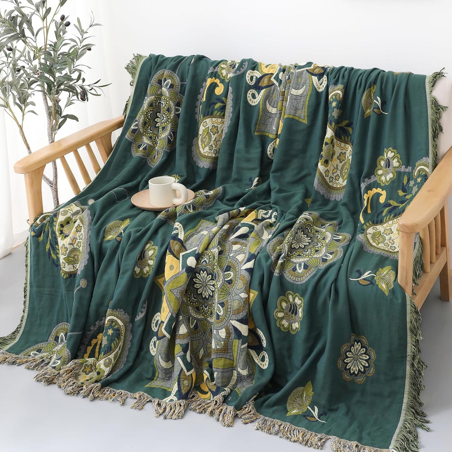Snycler Boho Throw Blanket for Bed - 100% Cotton Ultra Soft Rustic Quilt - Green Boho Floral Printed Farmhouse Decor Bed Blankets, 60"×80" All Season Rustic Throw for Sofa Couch Chair
