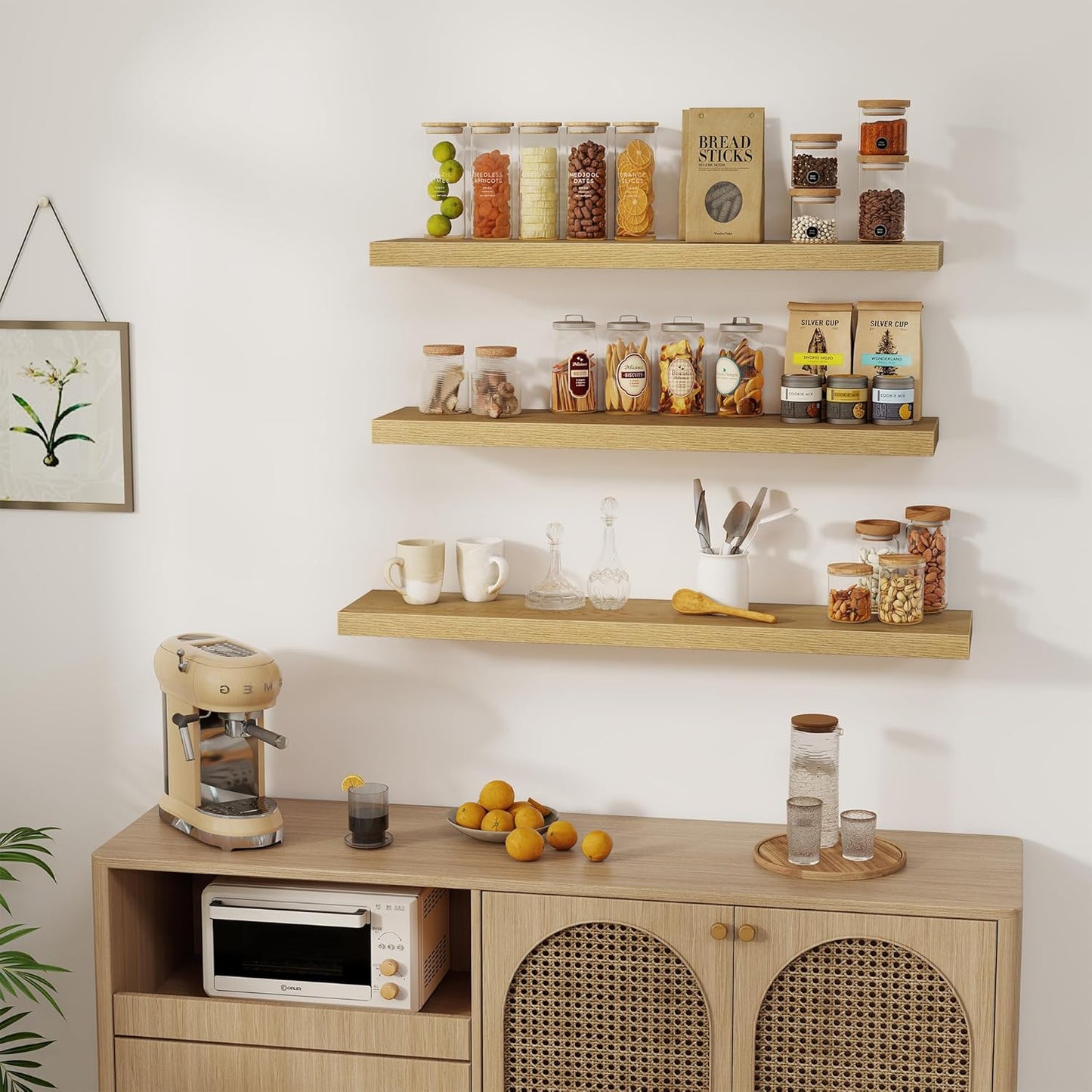 Floating Shelves Wall Shelf 40 Inch, 8 Inch Deep Floating Shelf for Wall, Farmhouse Black Wood Shelves Invisible Bracket for Living Room, Bedroom, Kitchen, 40 x 8 x 1.4 Inch, Set of 2, Oak Color