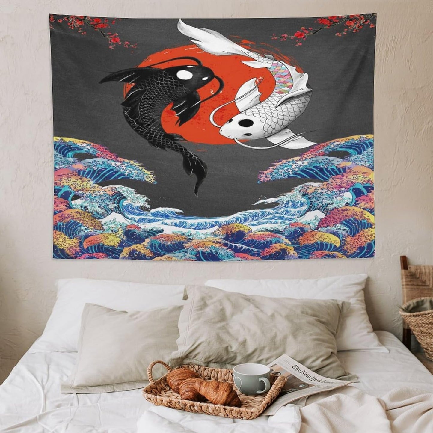 Houselerax Japanese Koi Fish Tapestries, Yin Yang Big Wave Cherry Blossom Tapestry Wall Hanging for Bedroom Living Room Office Decor 80"x60"