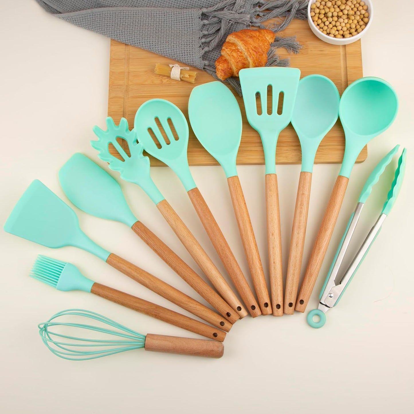 Silicone Cooking Utensils Set, Premium Beech Wood Handle Kitchen Gadgets Utensil Set, Non-Stick Kitchen Utensils Spatula, Tongs, Turner, Whisk, Brush, Spoon, BPA FREE, 446°F Resistant (Mint)