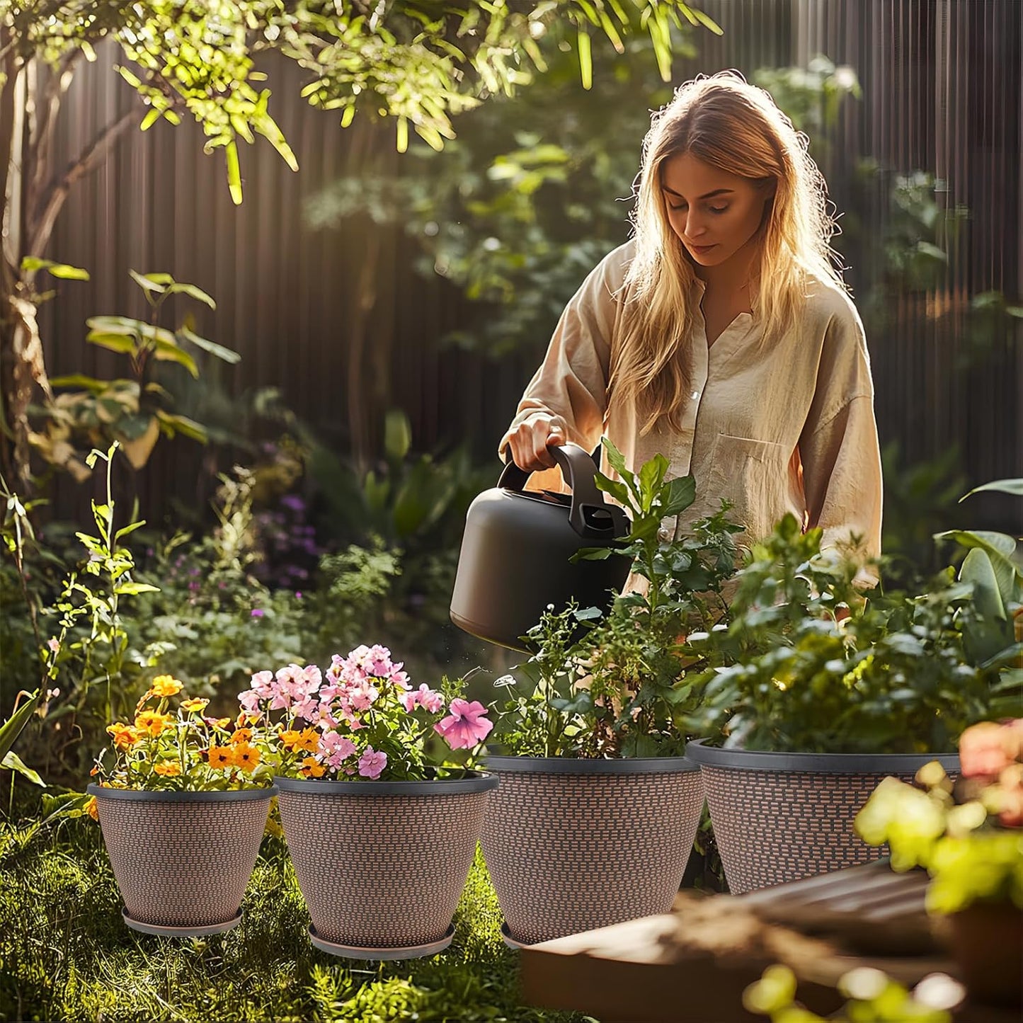 4 Pack 8 inch Plant Pot, Plastic Pots for Plants Indoor, Round Planters for Outdoor Plants with Drainage Holes & Trays, Decorative Flower Pots Garden Containers Sets for Houseplants (Black Copper)