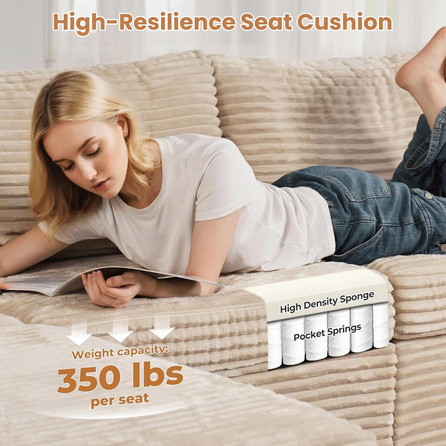 ovios Sectional Sofa Couch with U-Shape Chaise Sofa Bed, Comfy Modular Cloud Couches with Deep Seat, Modern Upholstered Plush Corduroy Sofas Set for Living Room, 8-Seater, Beige