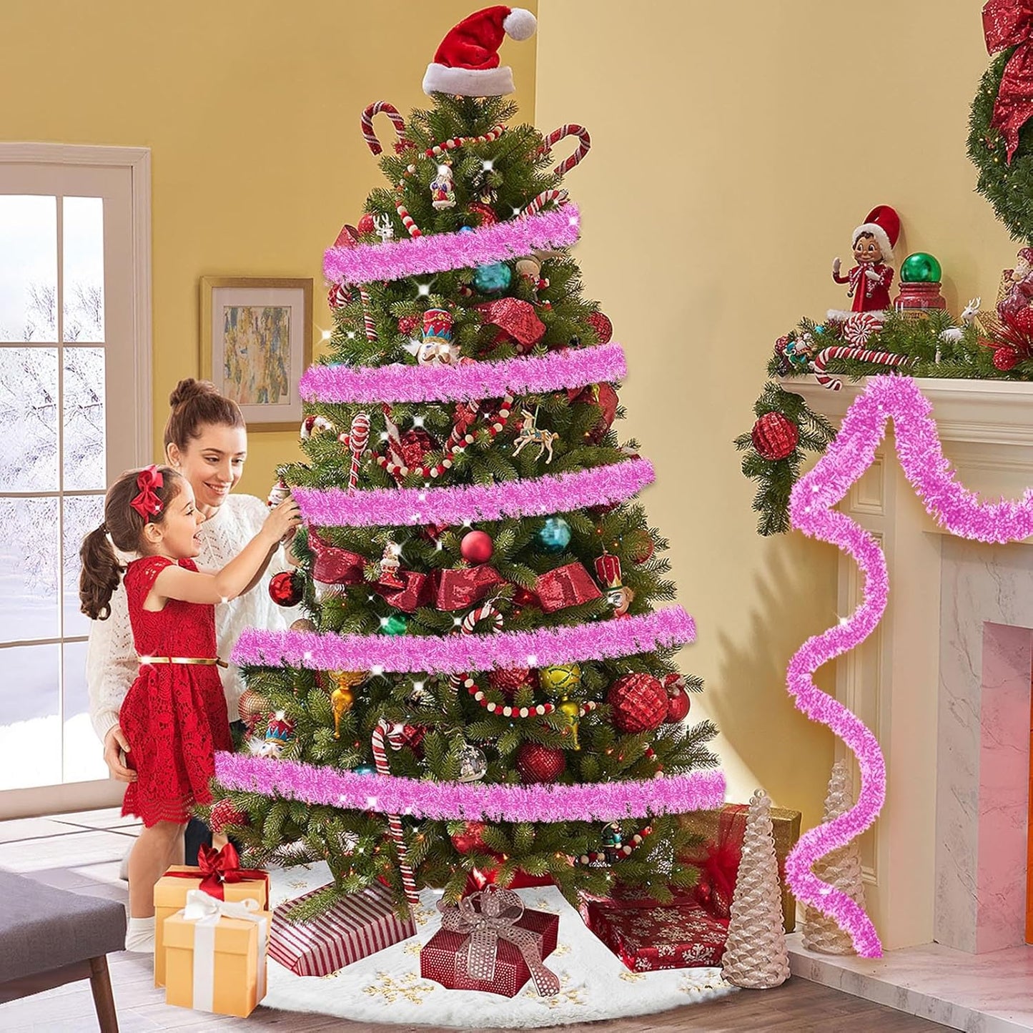 Macaron Pink Metallic Twist Tinsel Garland - 50ft x 2in Wall Hanging Backdrop for Christmas Eve, New Year & Valentine's Day Parties