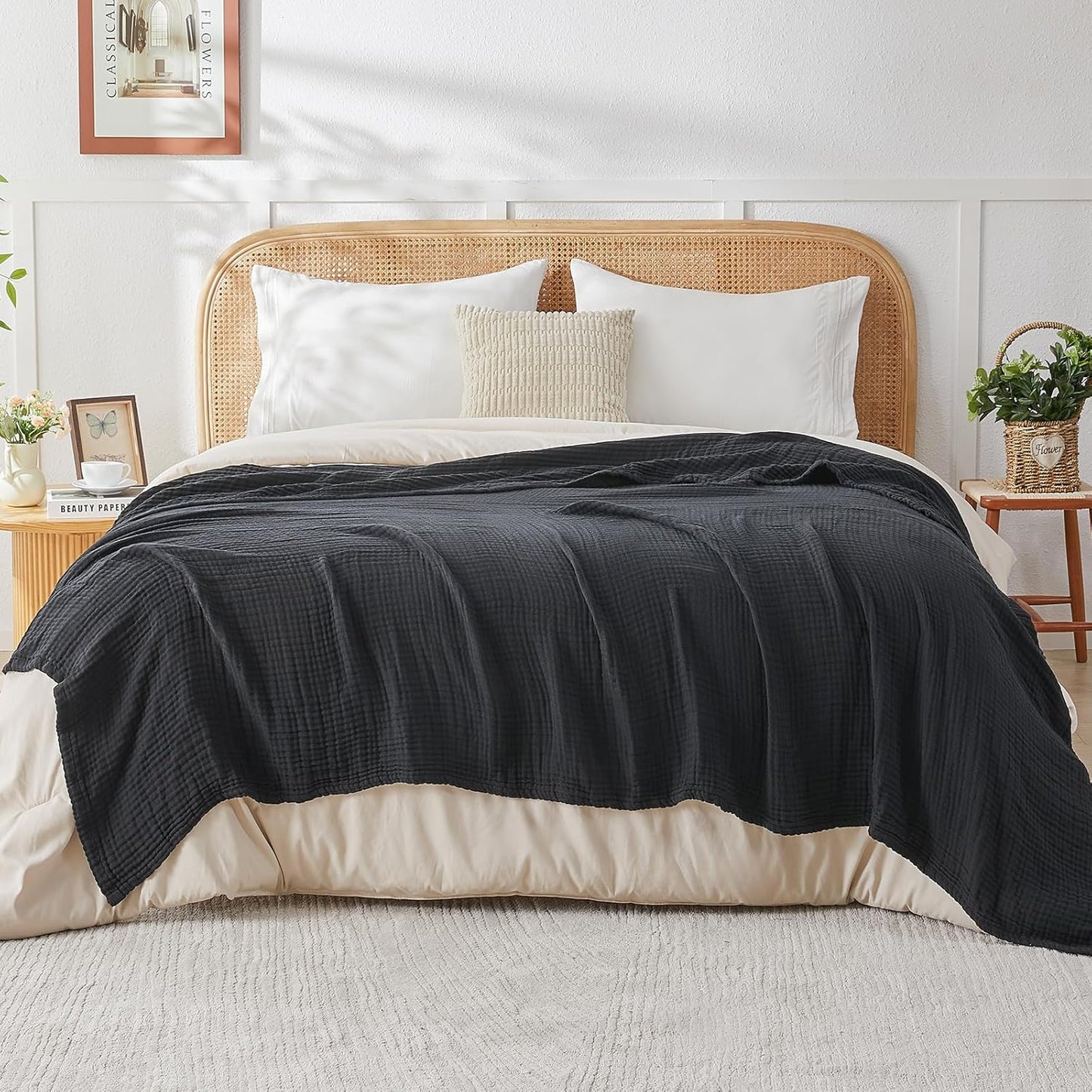EMME Cotton Muslin Large Throw Blanket Couch Breathable Gauze Blanket Soft Lightweight Bed Blankets Adults (Black, 50"x70")