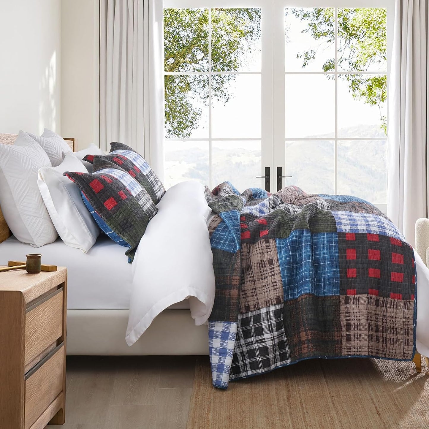 NEWLAKE Quilt Set King Size, Cotton Patchwork Blue Black Checkered Patterns Quilt Sets, Reversible Bedspread Lightweight and Breathable for All Seasons, Soft Quilted Bedspread with 2 Pillow Shams