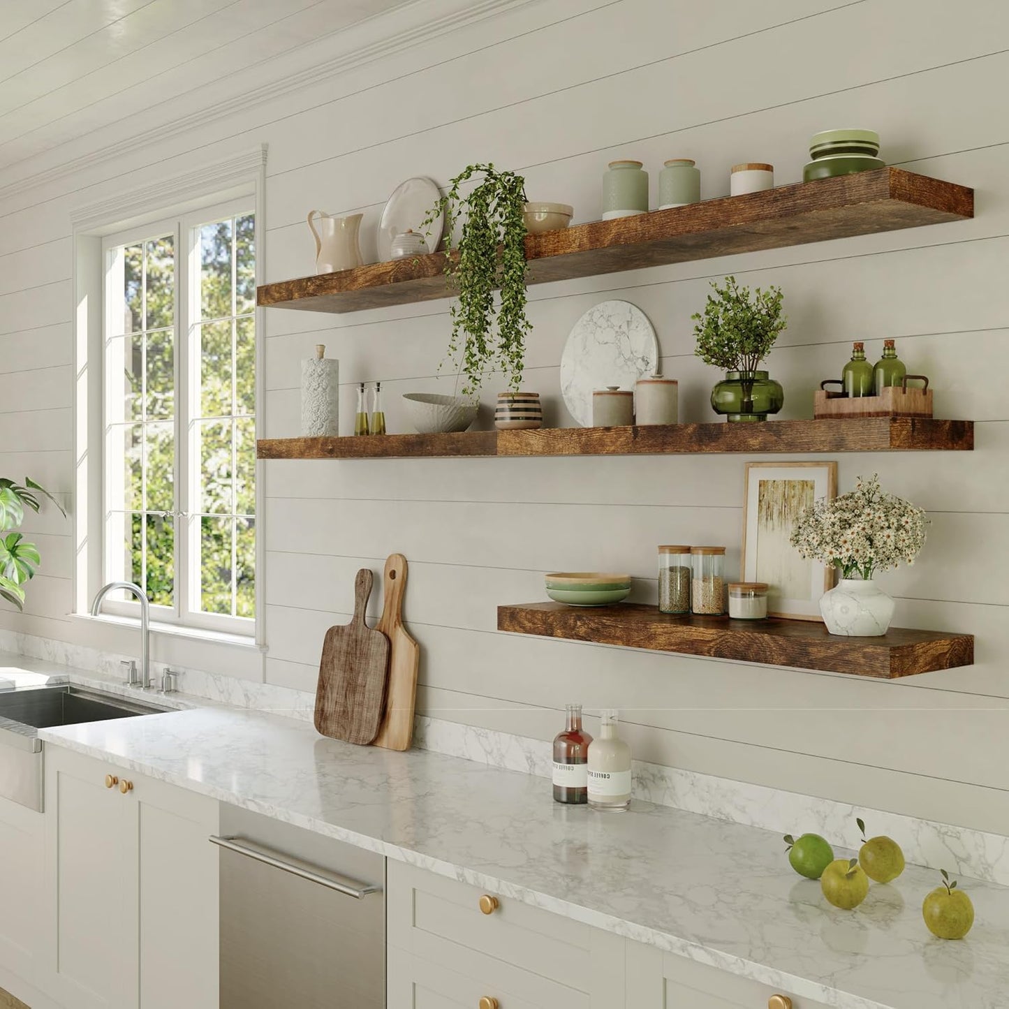 Large Floating Shelves for Wall Set of 1 Wooden Wall Shelves V Room Decor Long Shelf with Invisible Wall Mount Bracket for Bedroom Kitchen Living Room Rustic Brown