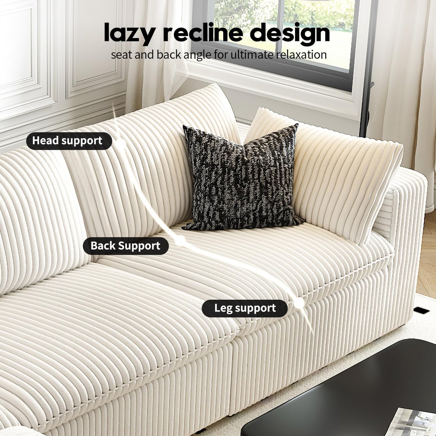 118" Cloud Couch Modular Sectional Sofa for Living Room,Modern Sofa with Deep Seat,3 Seater Boneless Couch,Comfy Upholstered Corduroy Couches for Apartment, Studio, Office,Bedroom,White