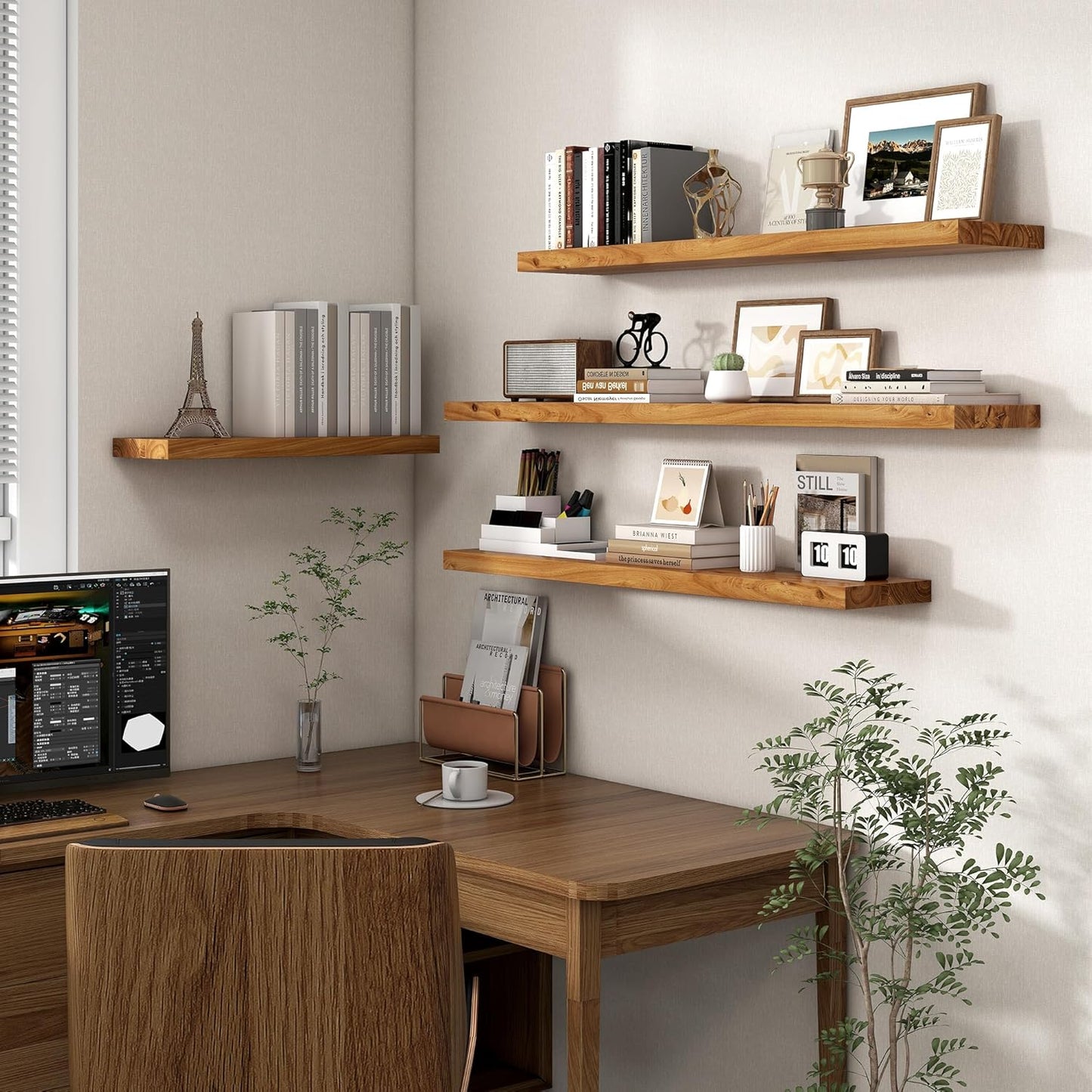 Axeman Floating Shelves for Wall - 32''W x 8'' D Rustic Solid Elm Wood Shelves for Storage, Wall Mounted Display Shelving with Invisible Heavy-Duty Metal Bracket (Natural, 2PCs)