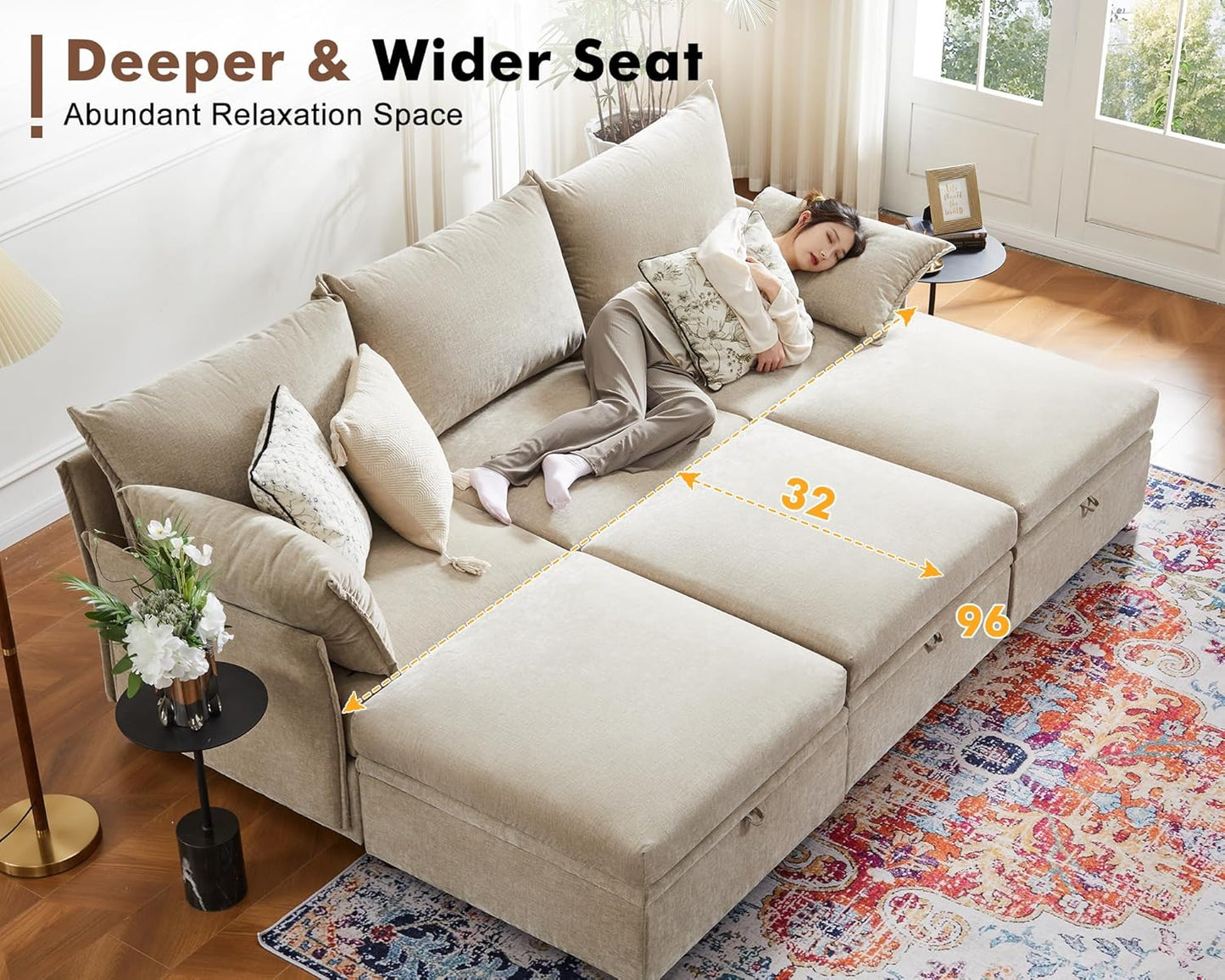 102.6" Modular Sectional Sofa, Oversized 3-Seater Couch with Removable Beige Chenille Fabric Cover, Deep Seat & High Backrest for Living Room, Office & Apartment