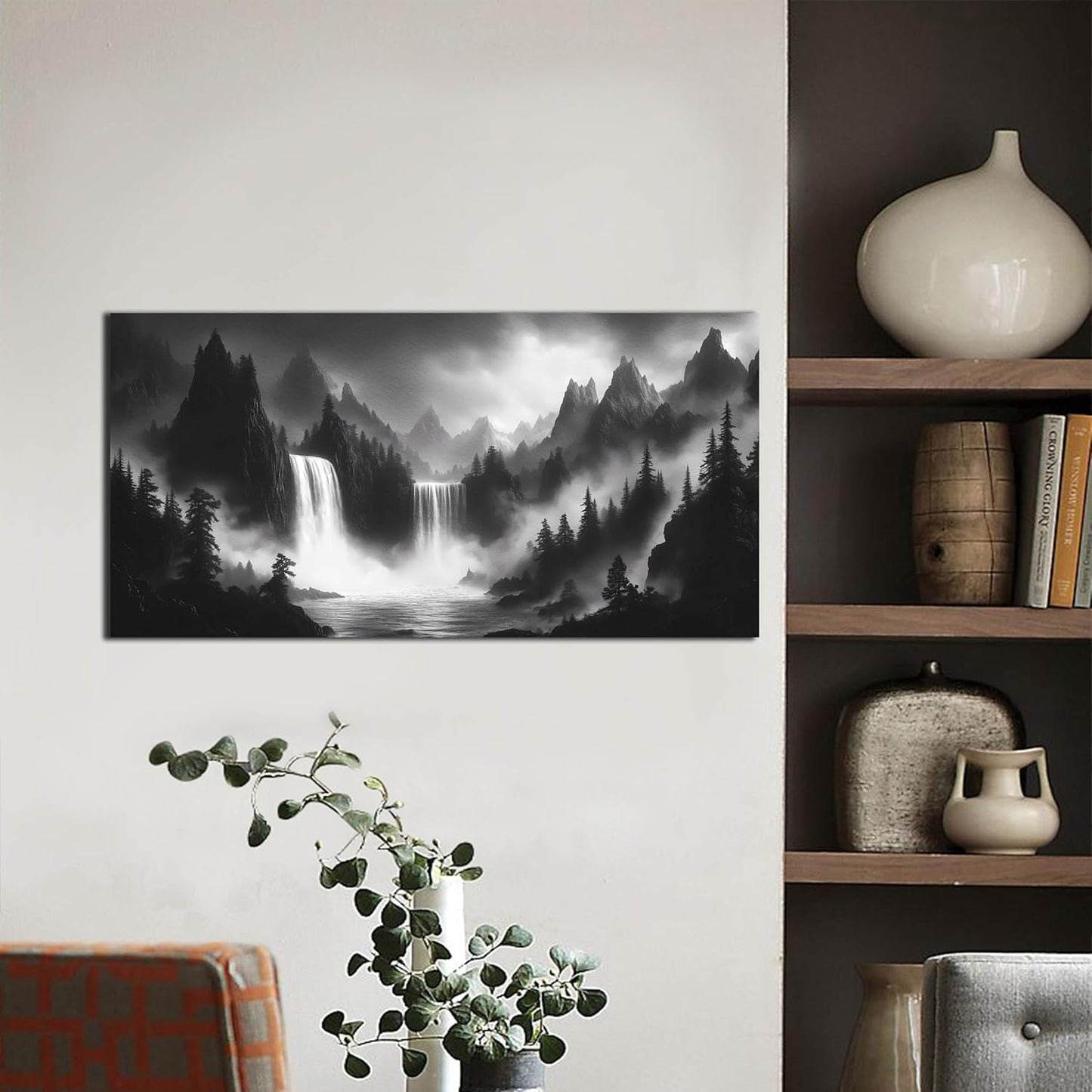Mountain Wall Pictures for Living Room Decor - Black and White Wall Art Bedroom - Waterfall Canvas Wall Art for Office Size 20" x 40"